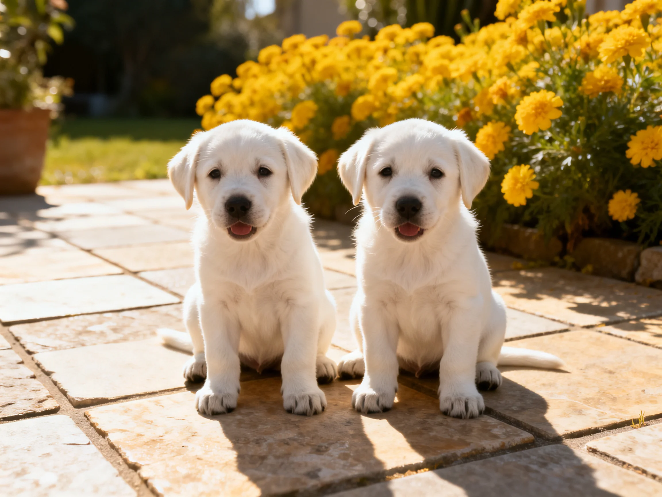 Two white puppies sit beside vibrant yellow blooms on a stone patio