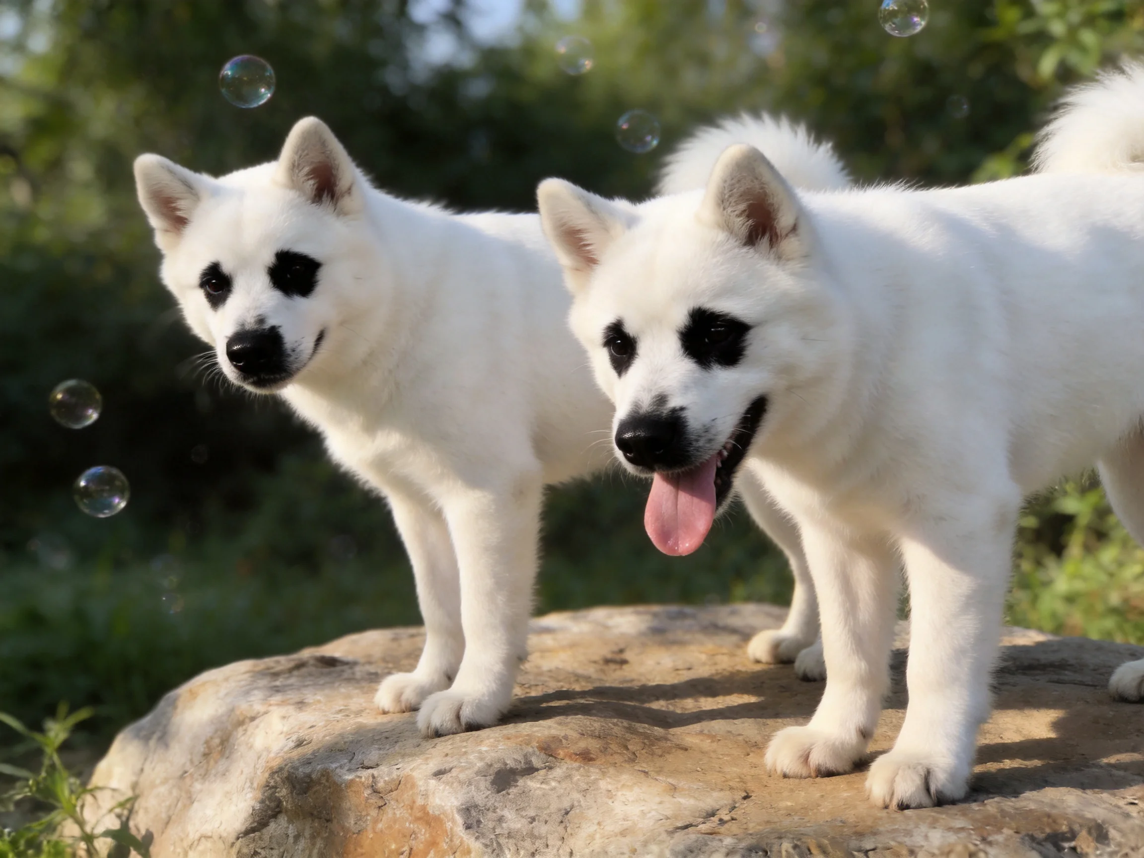 Two white puppies with black facial markings stand on a rock amid floating bubbles