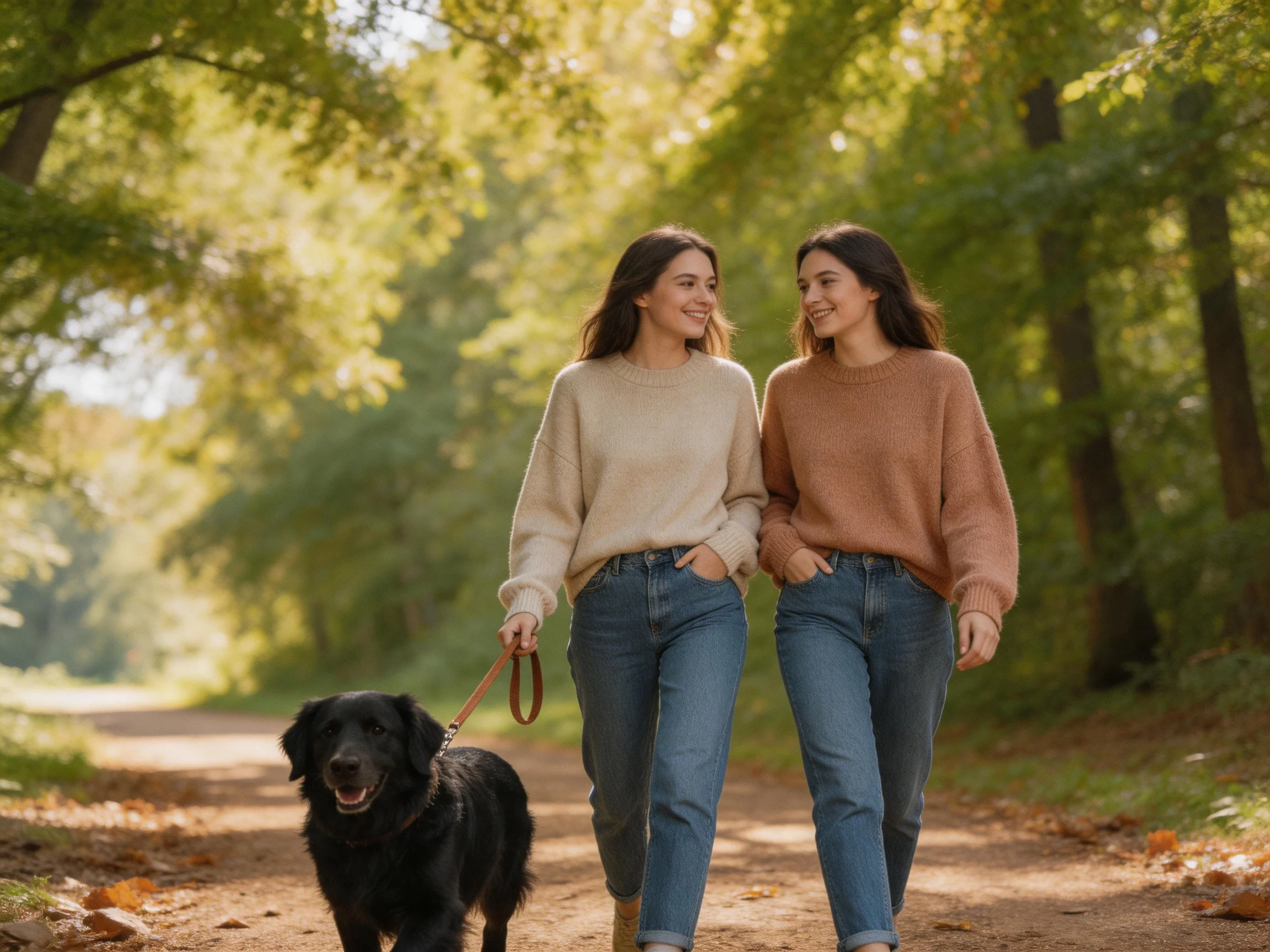 Two women walk with a black dog on a sunlit forest trail.