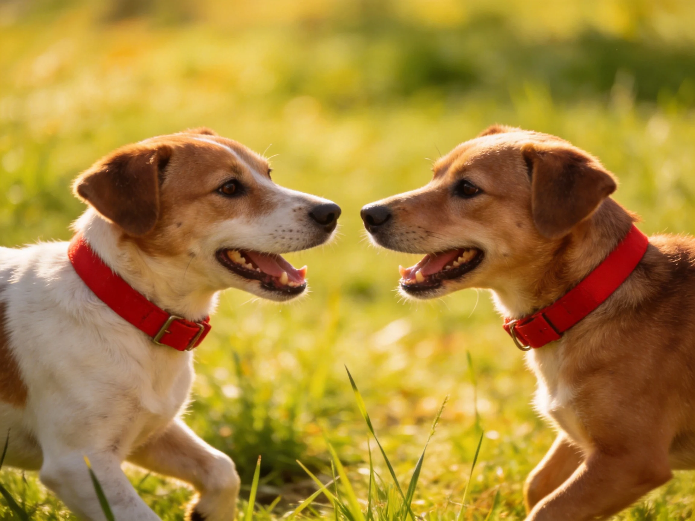 Two young dogs with red collars face each other in a sunlit grassy area.