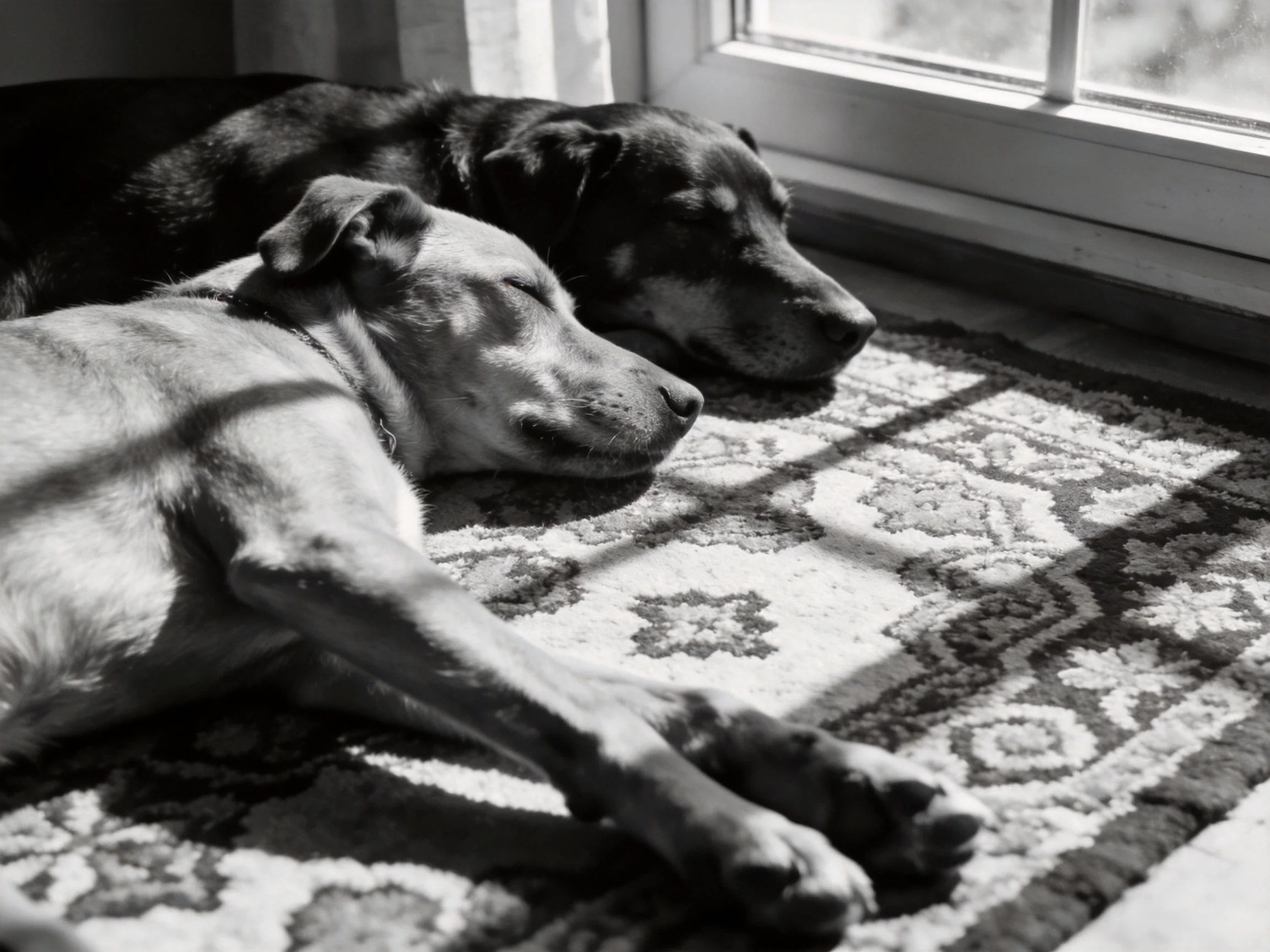 Twodogs rest together on a patterned rug near a sunlit window