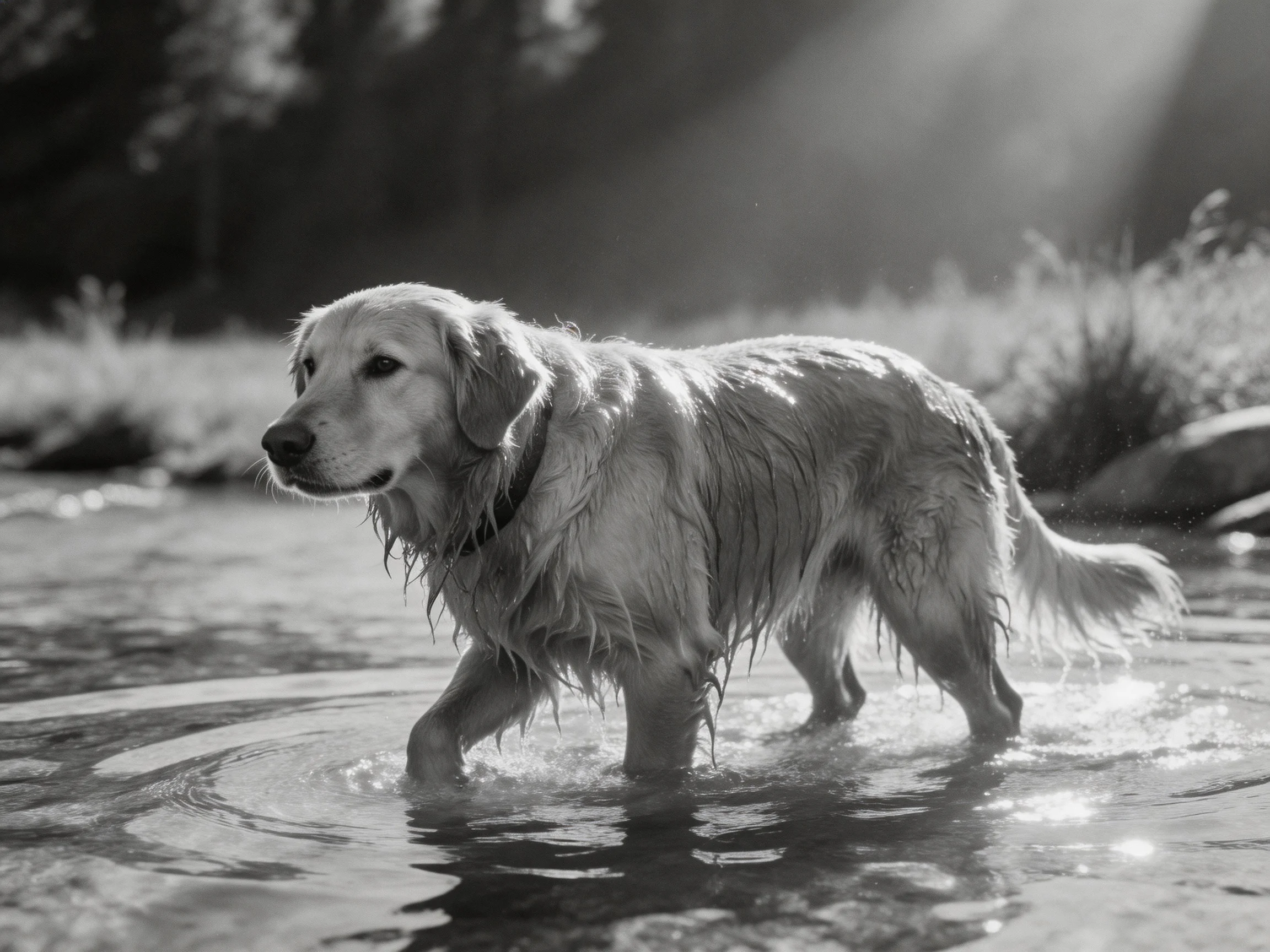 Wet Golden Retriever Wading Through Sunlit Stream