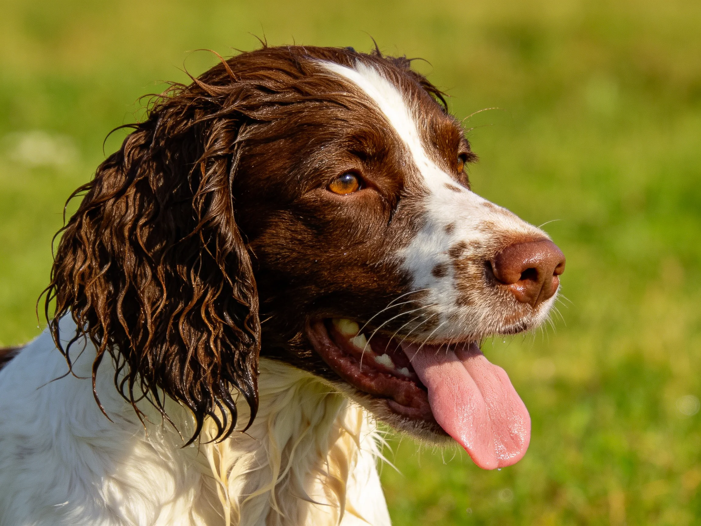 Wet brown and white spaniel panting in a green meadow