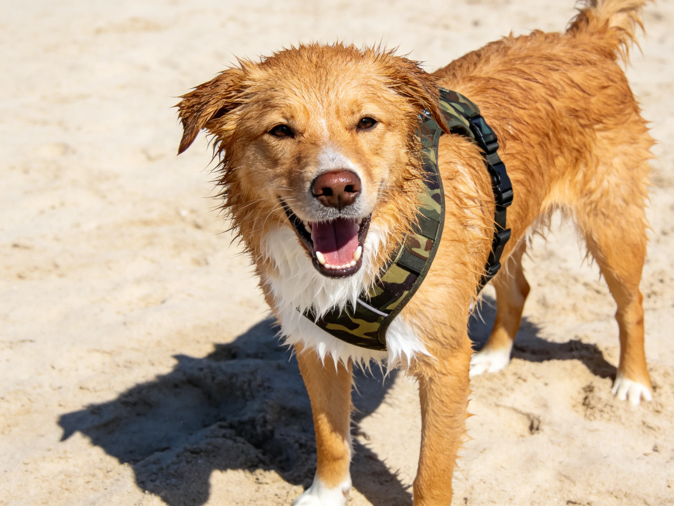 Wet golden retriever mix in camouflage harness on sandy beach