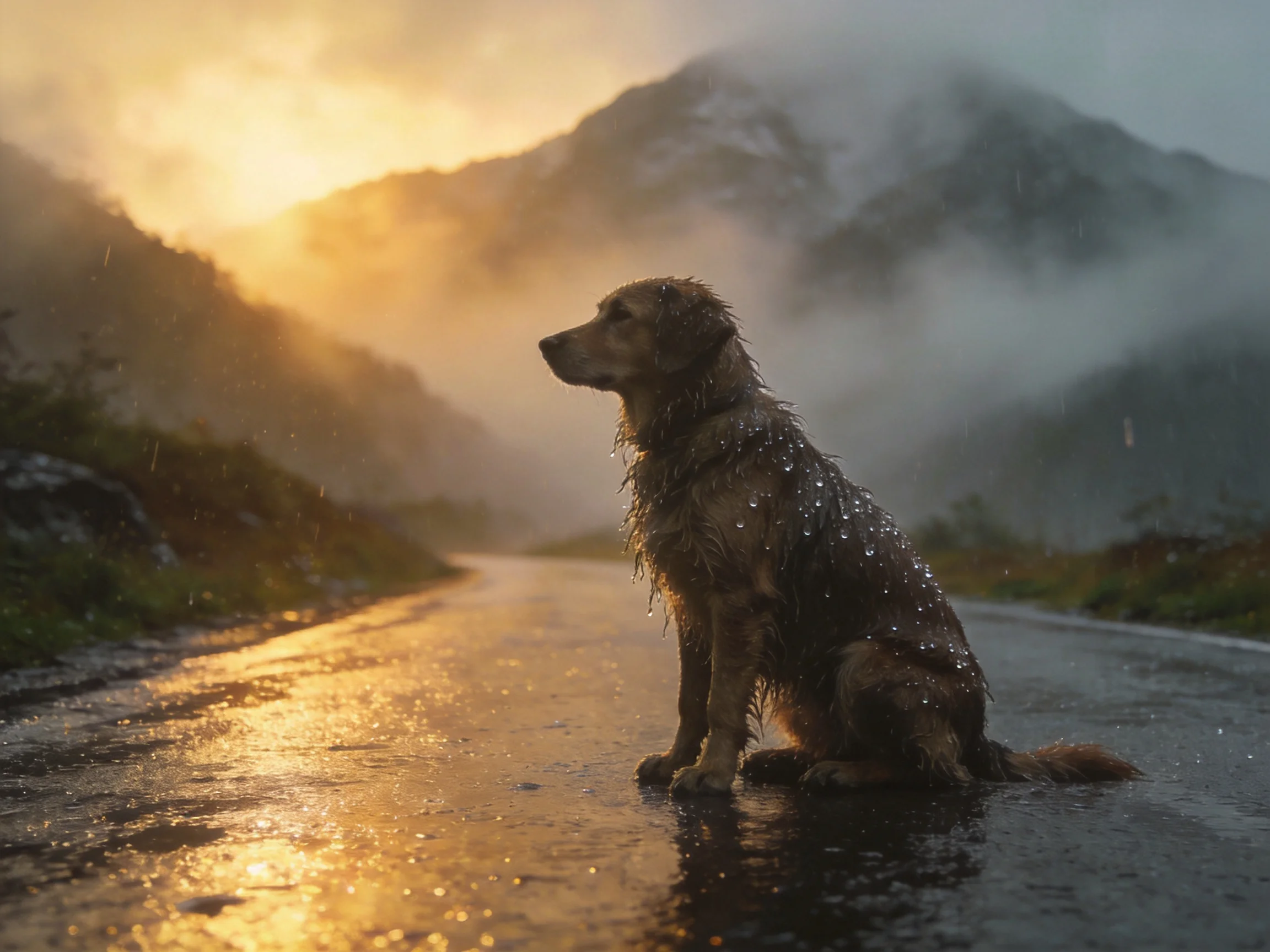 A golden retriever sits on a rainy mountain road as the sun sets.
