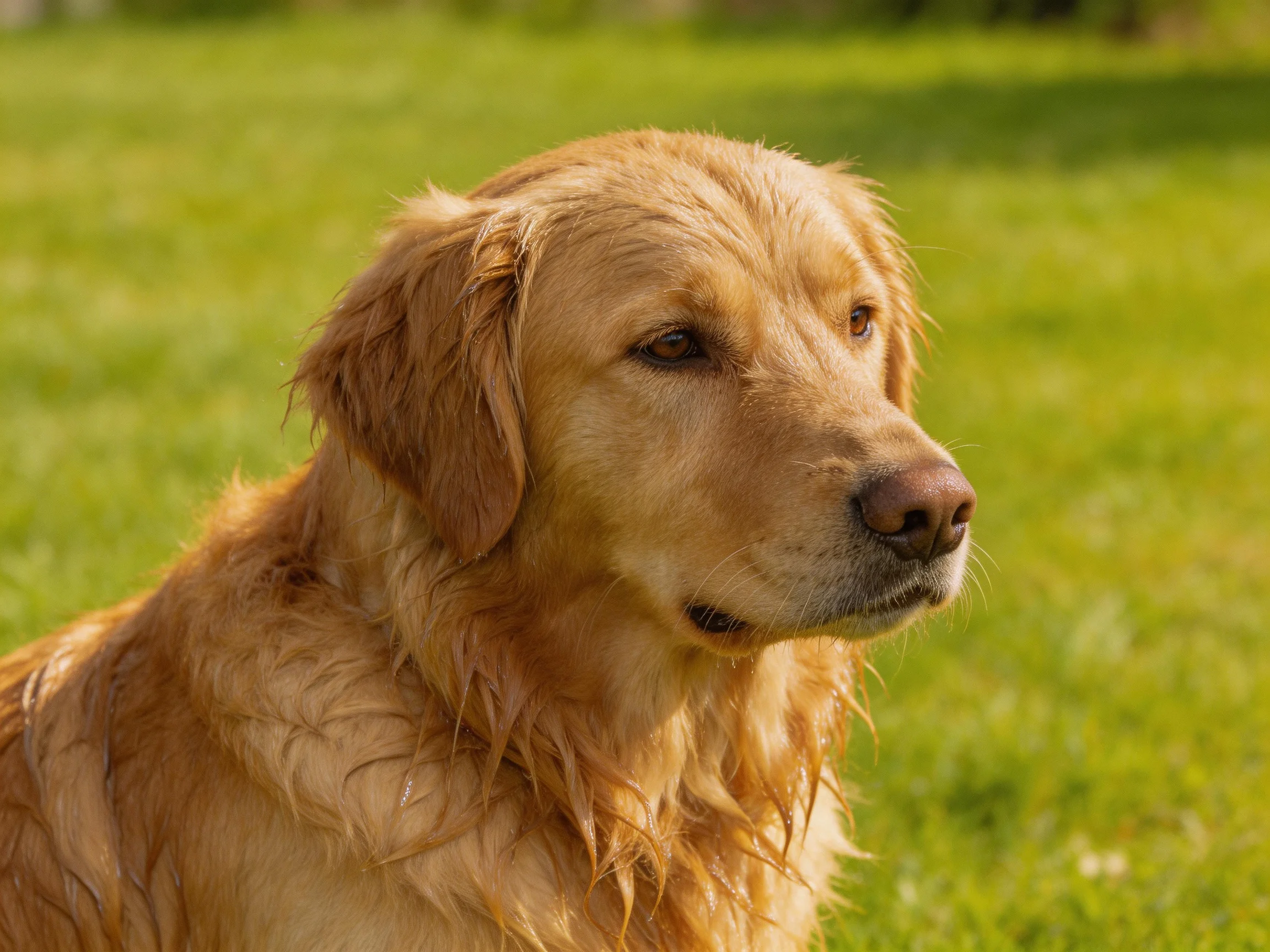 Wet golden retriever resting on green grass