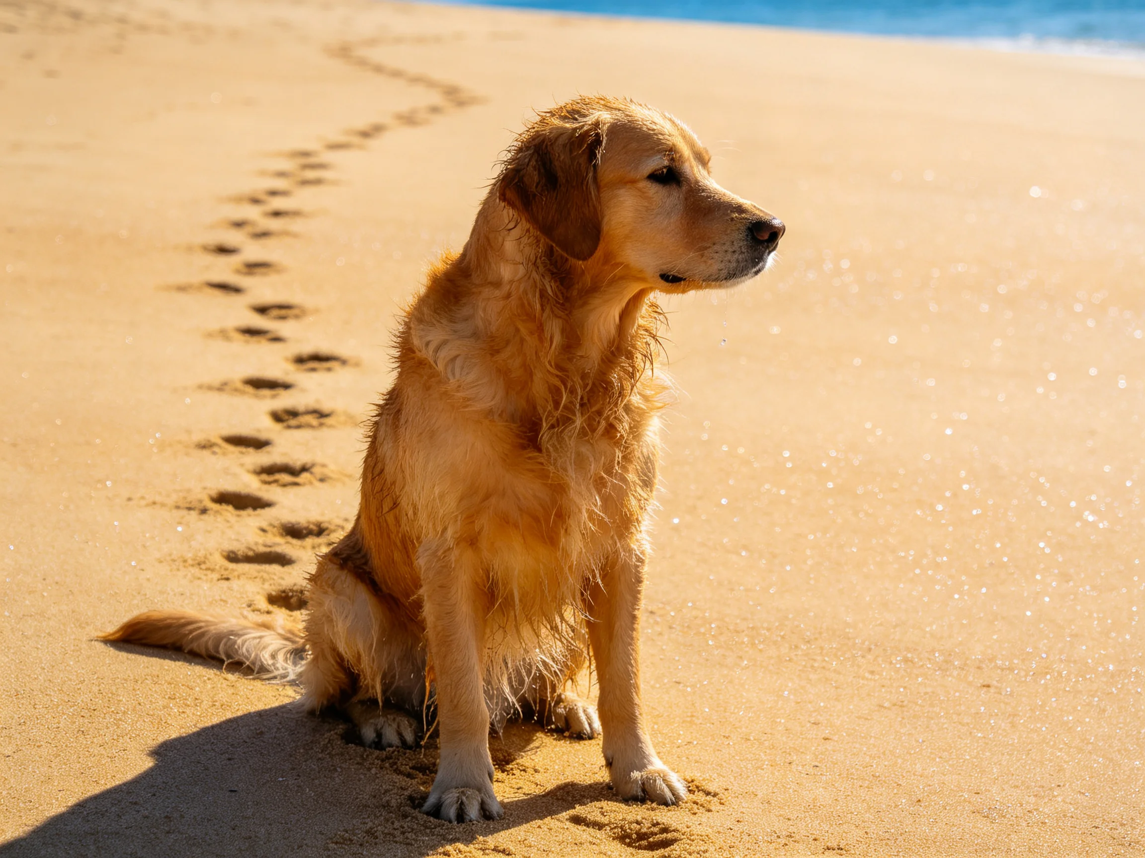 Wet golden retriever sits on sandy beach with footprints trailing