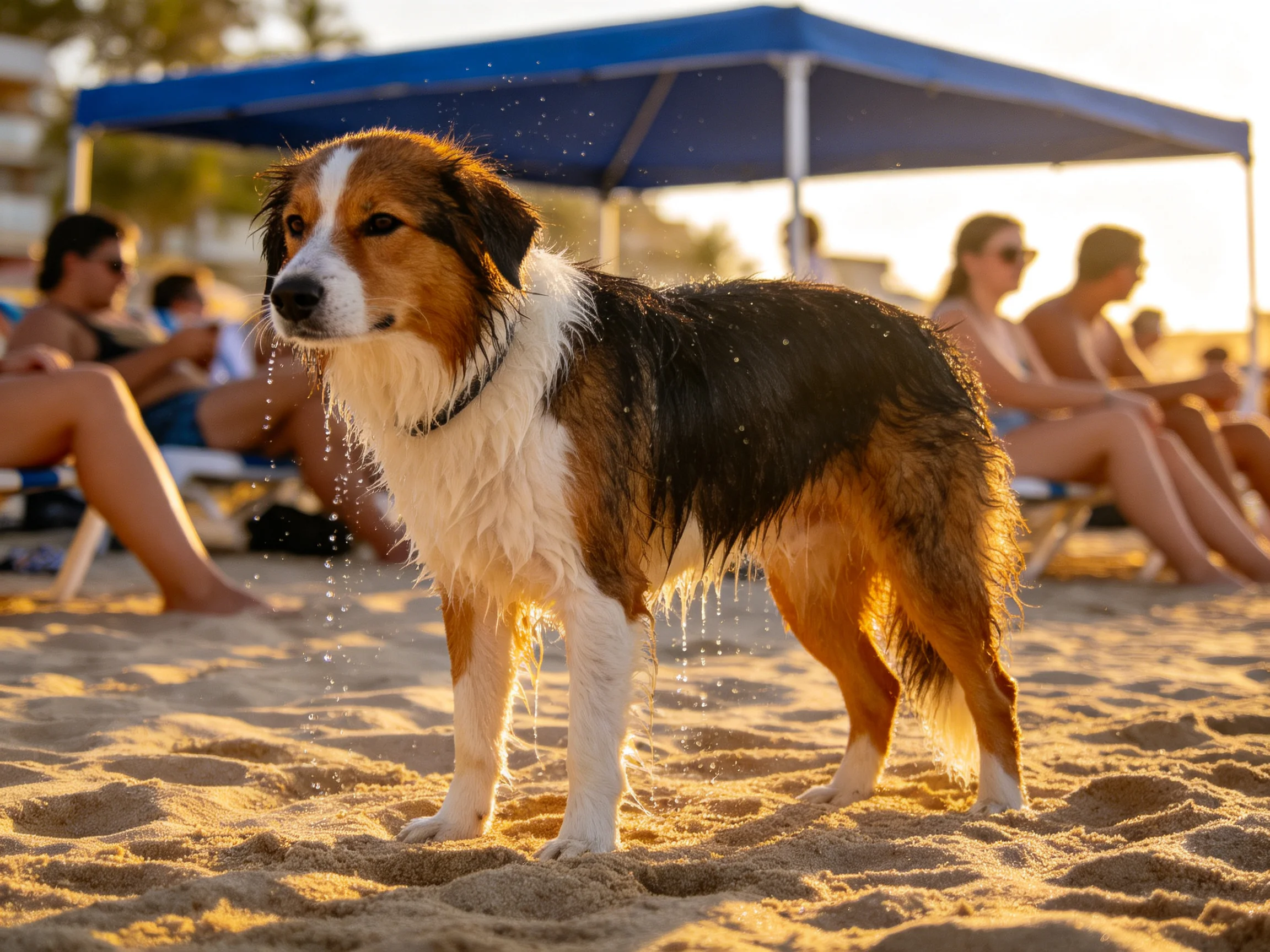 Wet tricolor dog on sandy beach near blue canopy