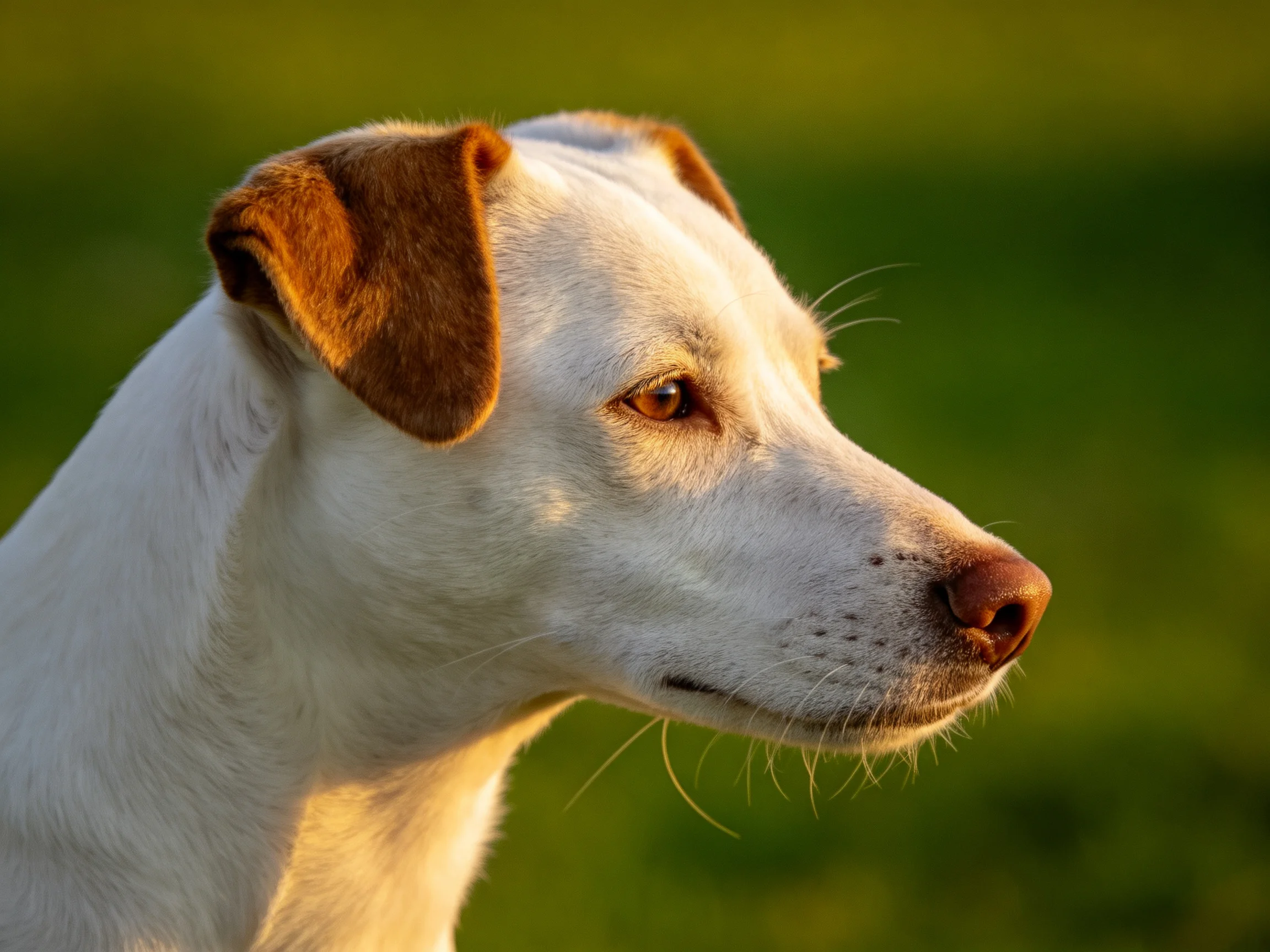 White Dog with Brown Ears, Profile View in Golden Light