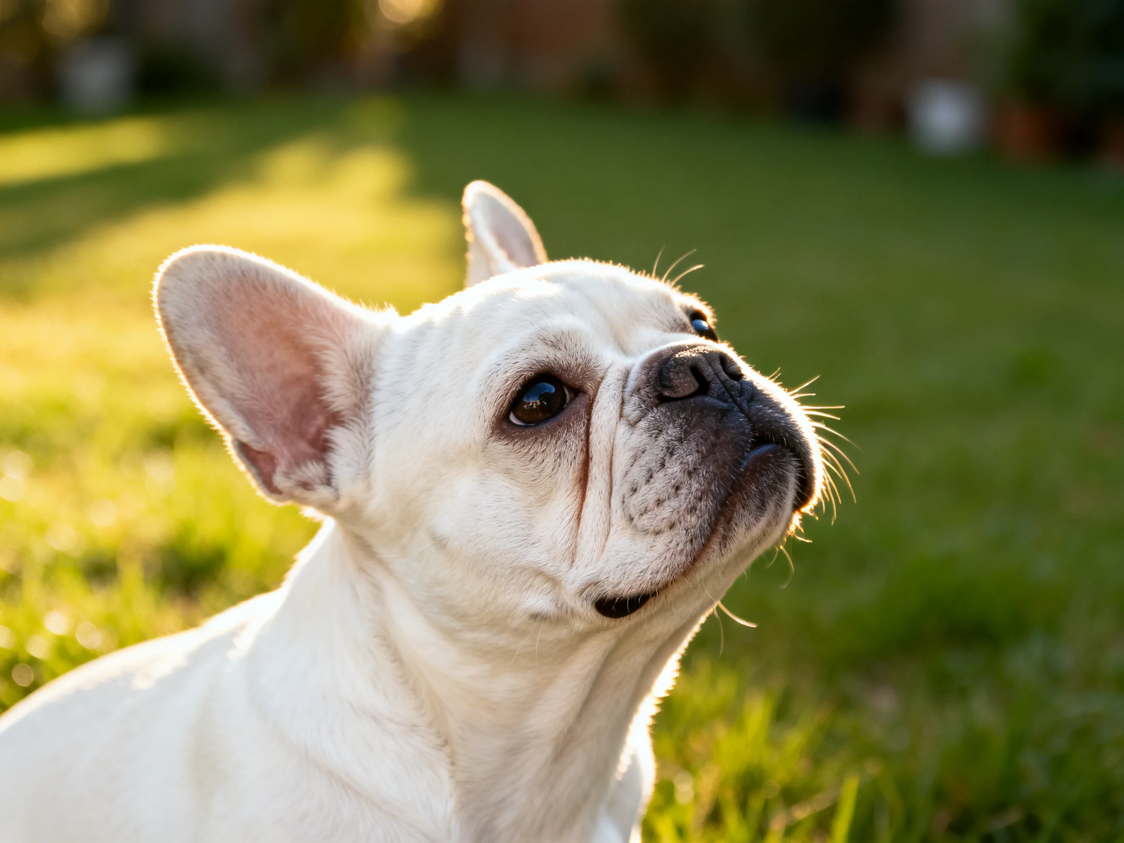 White French Bulldog gazes upward amid sunlit green grass