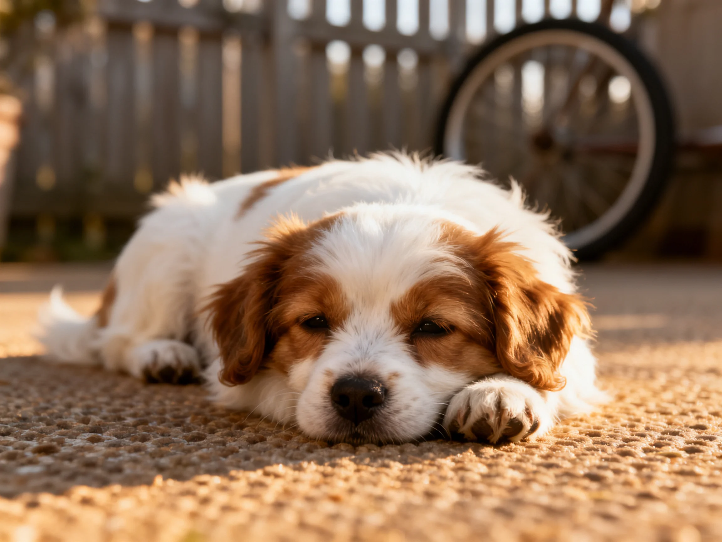 A white and brown puppy relaxes on an outdoor textured surface.