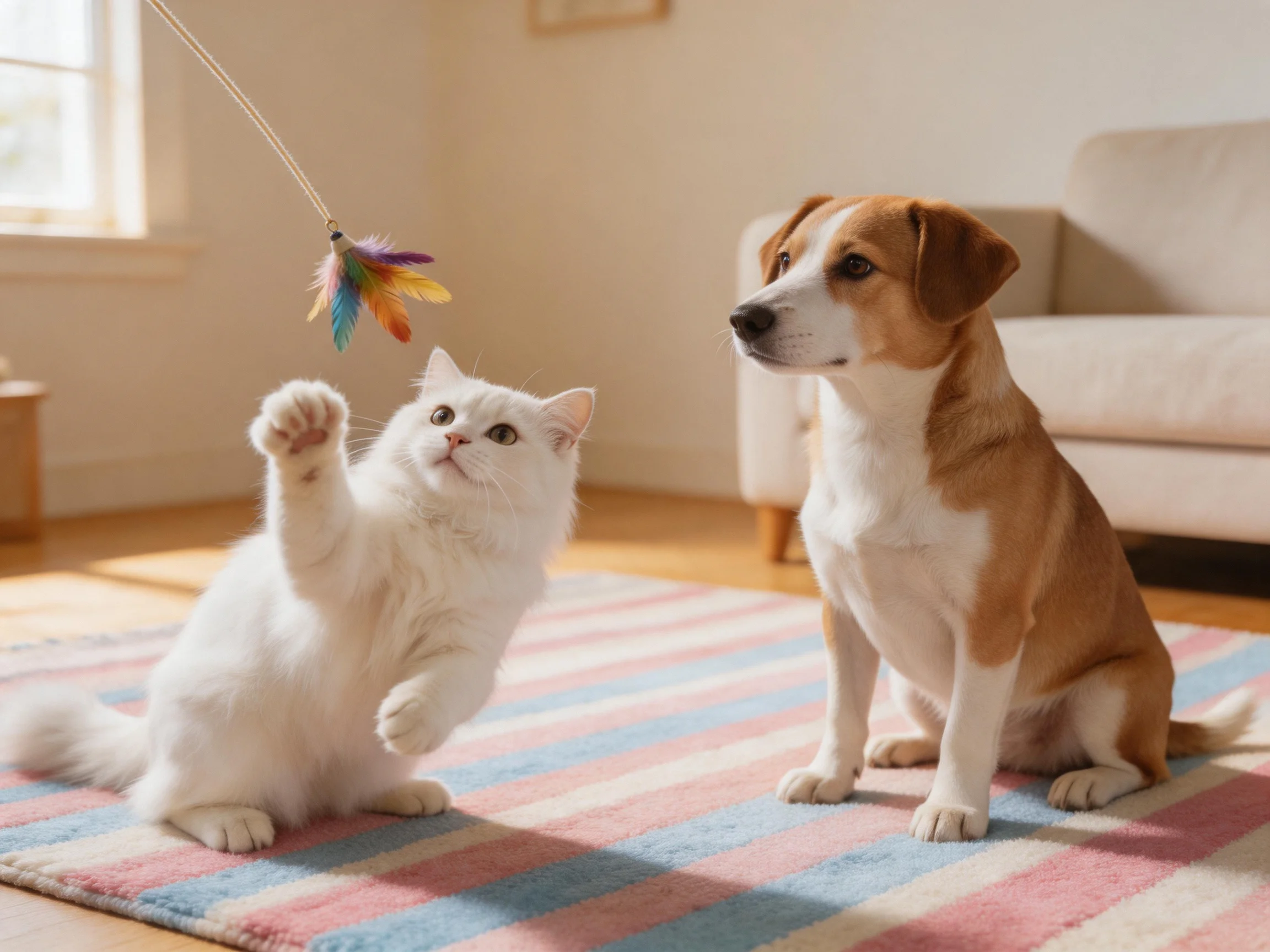 A white cat plays with a feather toy while a tan dog watches nearby.