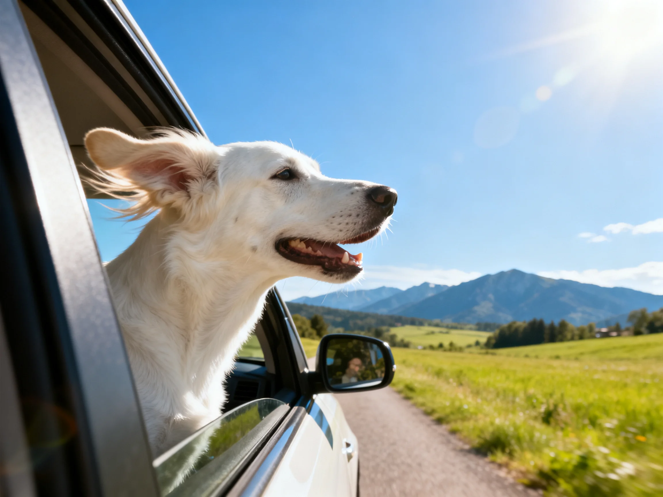 A white dog enjoys fresh air from a car window during a sunny drive past mountains.
