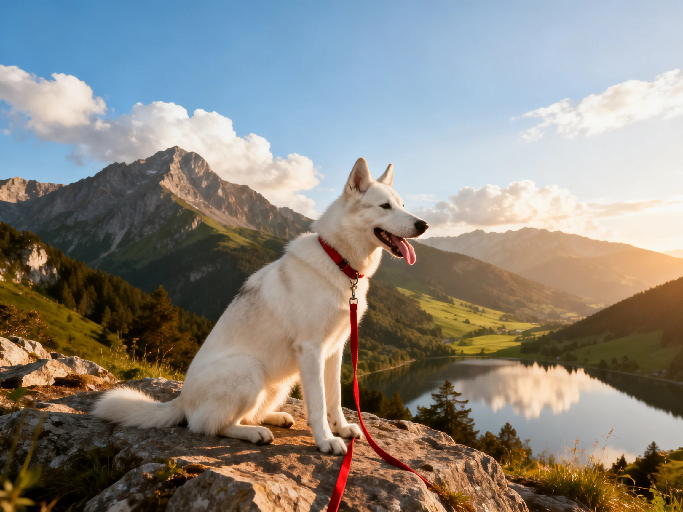 A white dog overlooks a mountain lake from a rocky outcrop under clear skies.