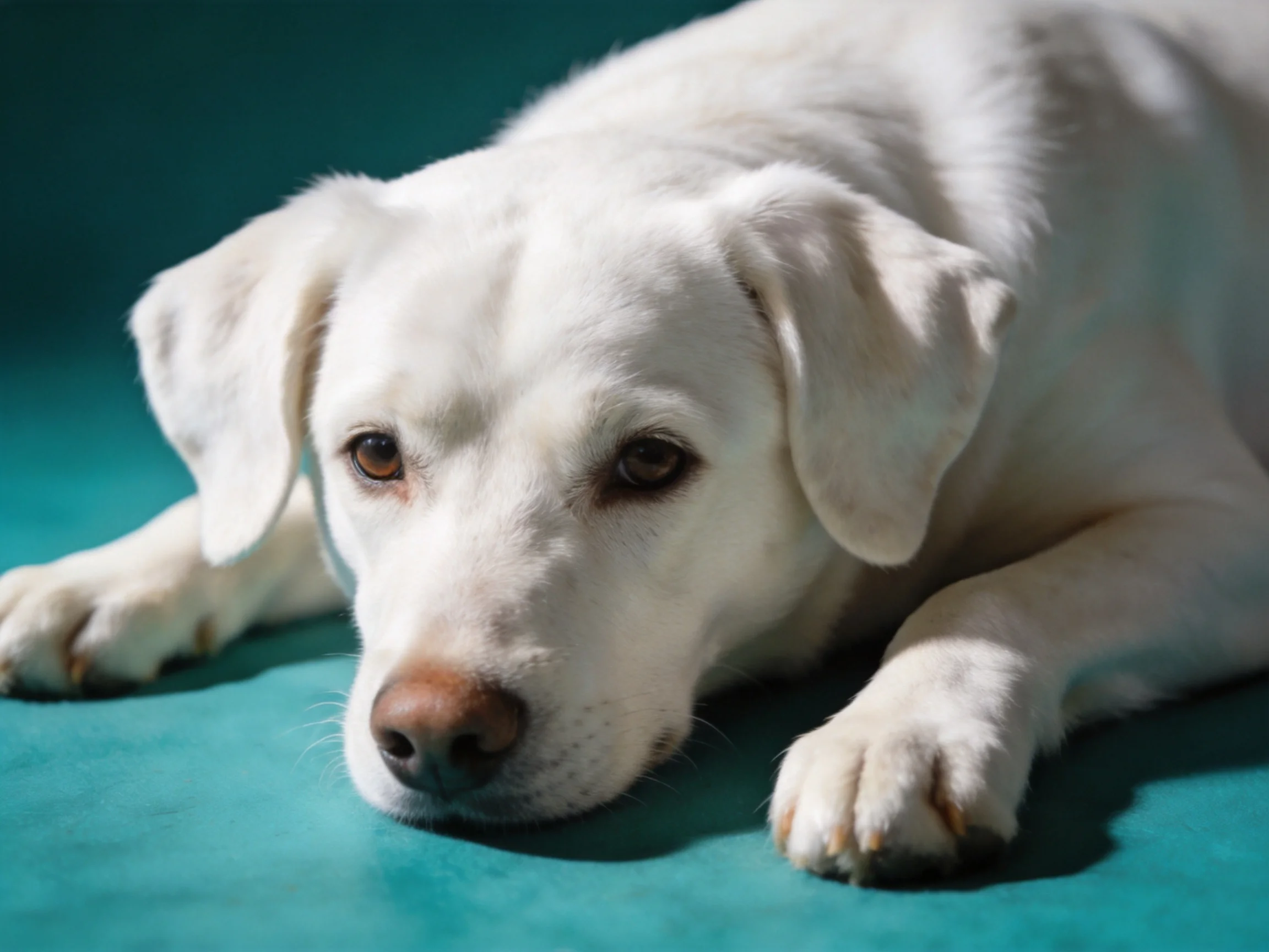 A white dog relaxes on a teal fabric surface under soft illumination.