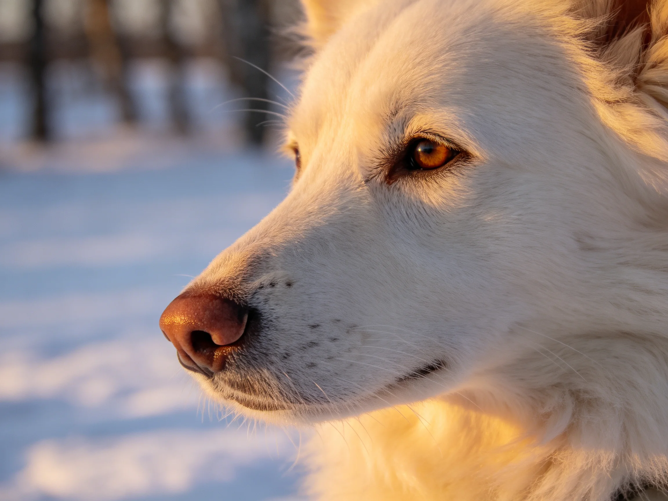 White dog with amber eyes in snowy landscape