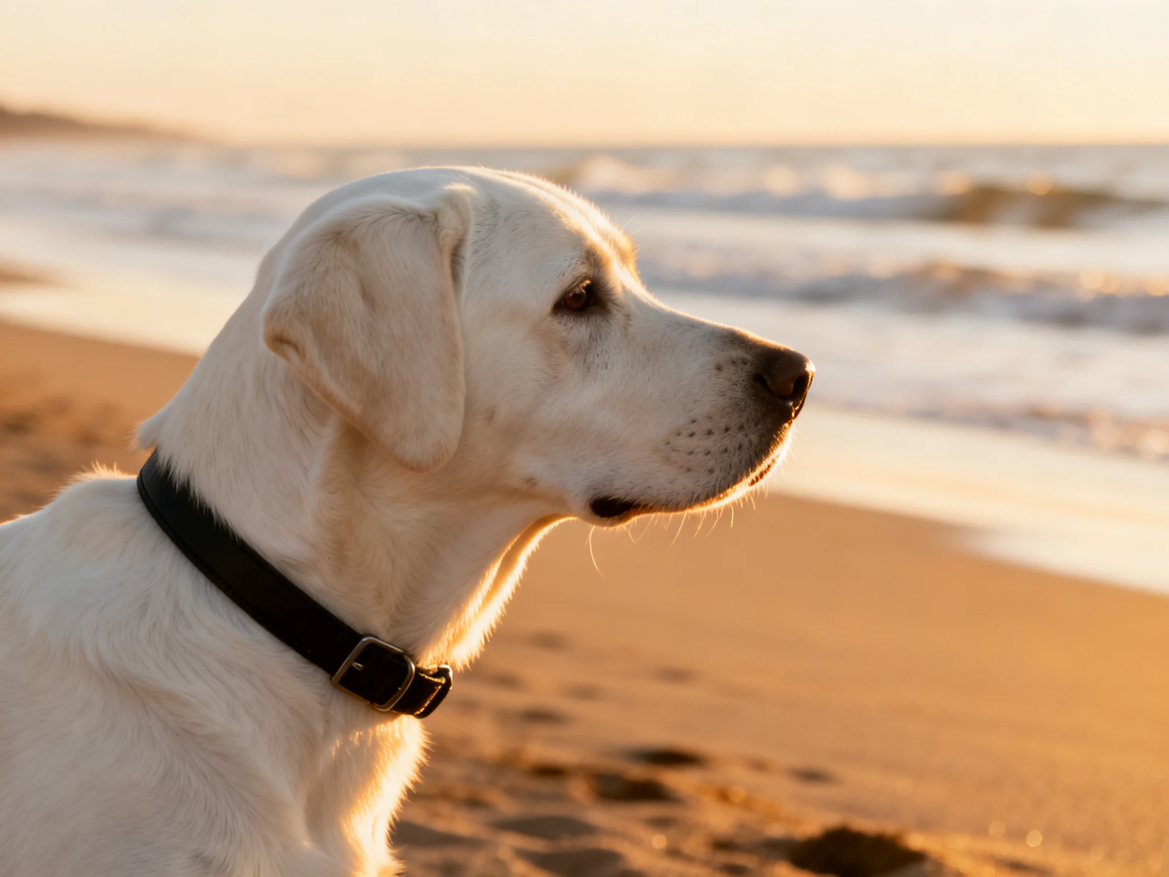 A white dog with a black collar looks toward the ocean on a sandy beach.
