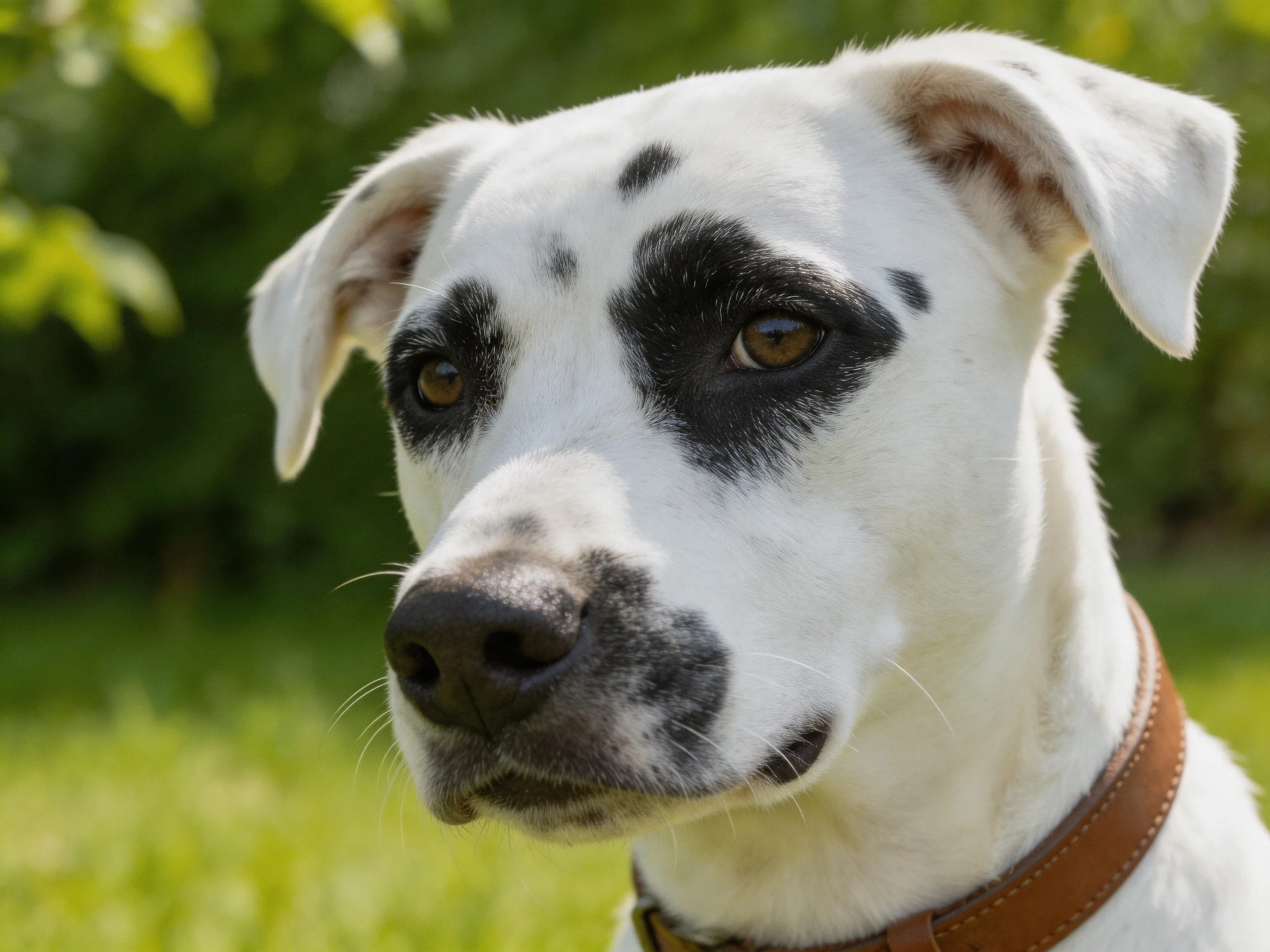 White dog with black facial patches and brown collar in greenery