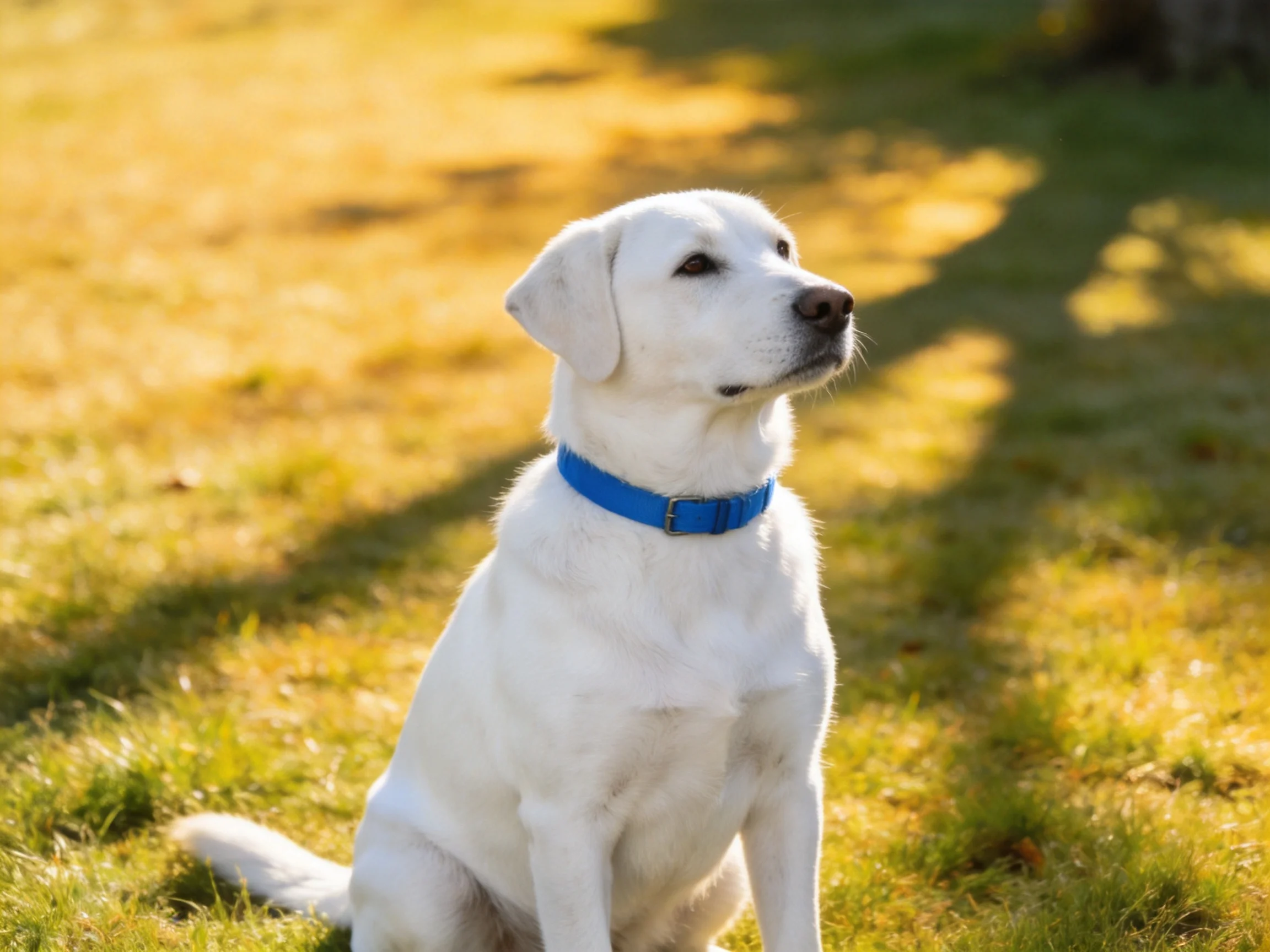 A white dog with a blue collar sits calmly in a sunlit grassy area.