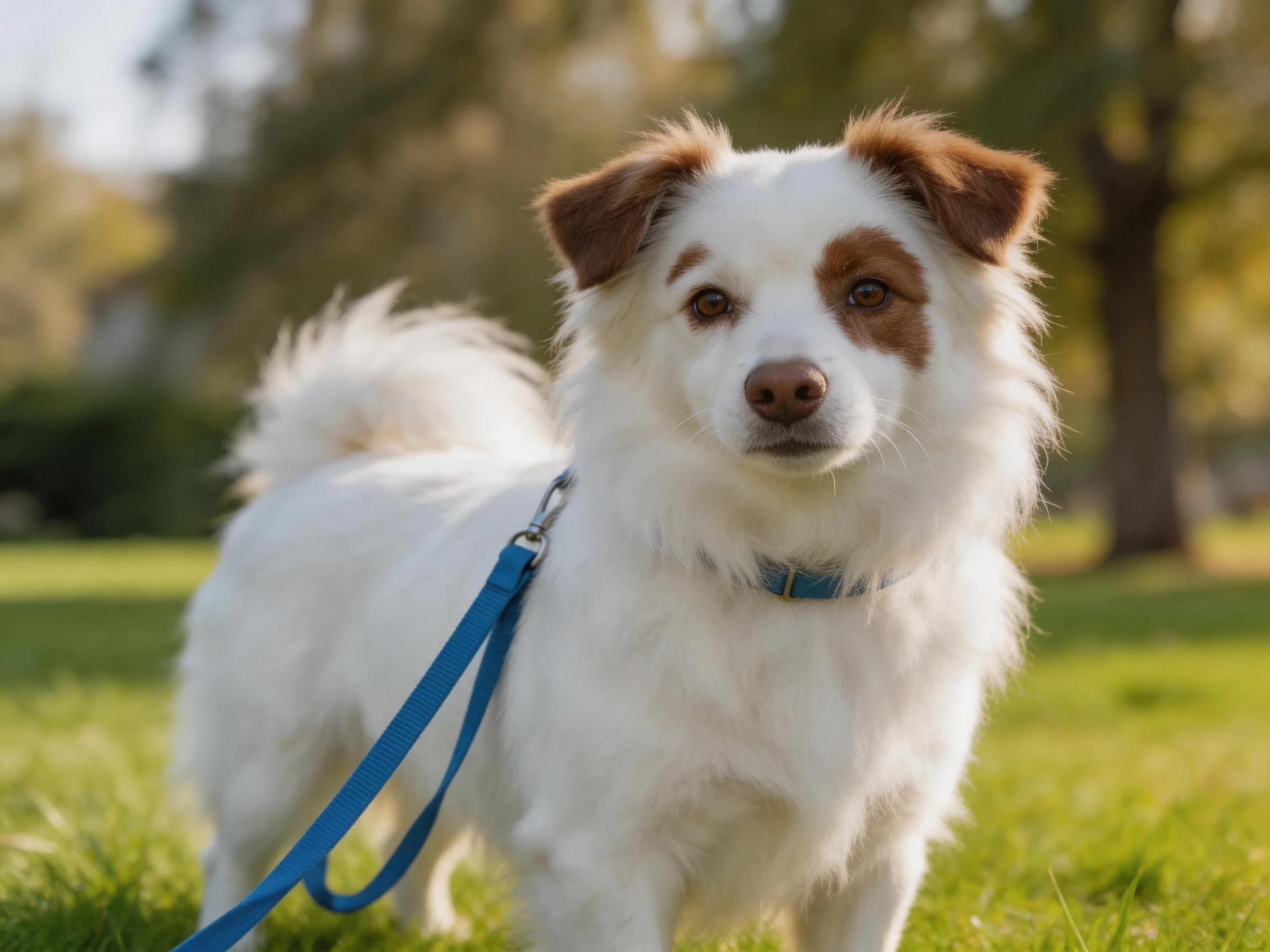 White dog with brown facial patches on a blue leash in a grassy park