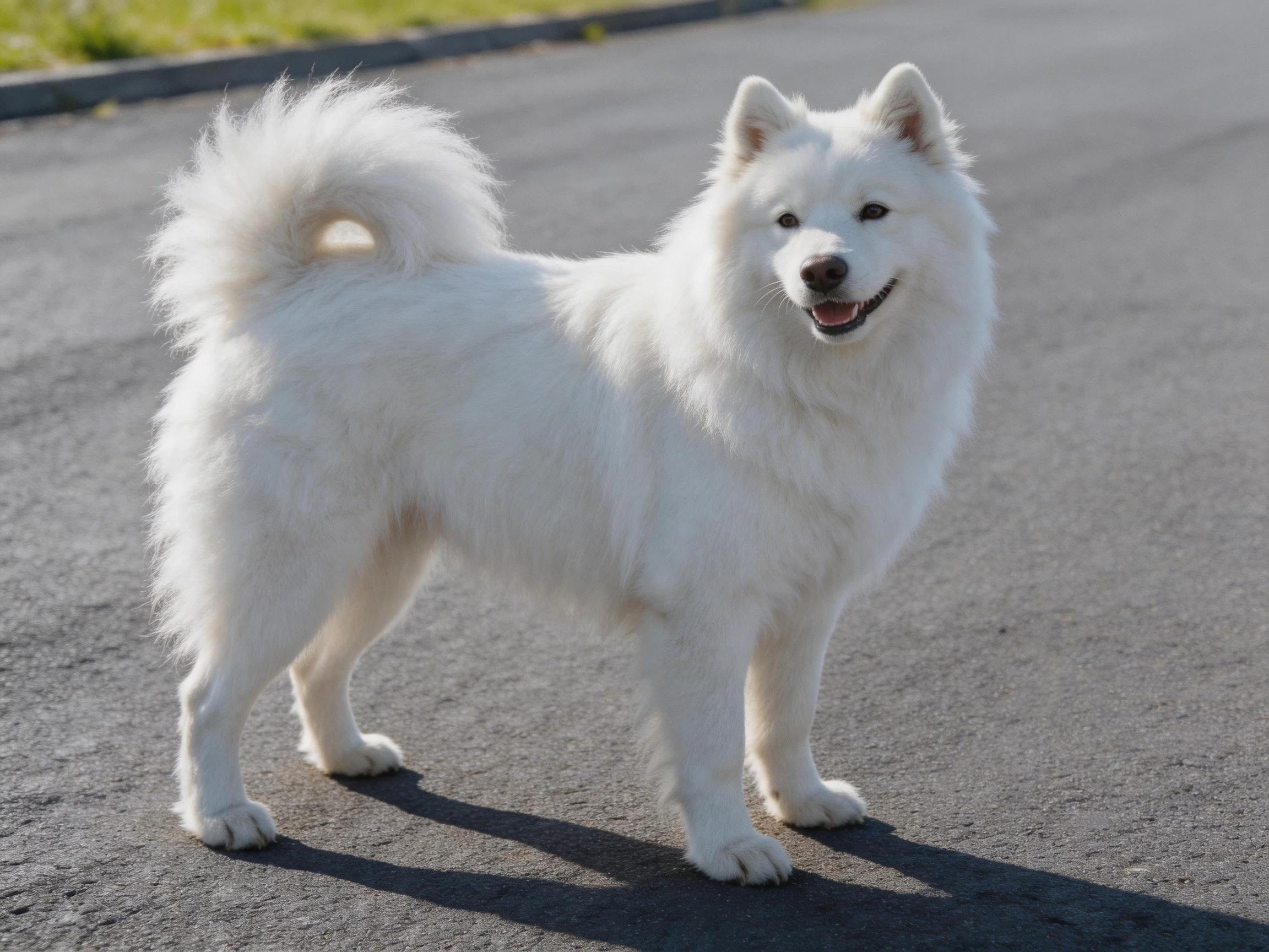 White fluffy dog on paved road