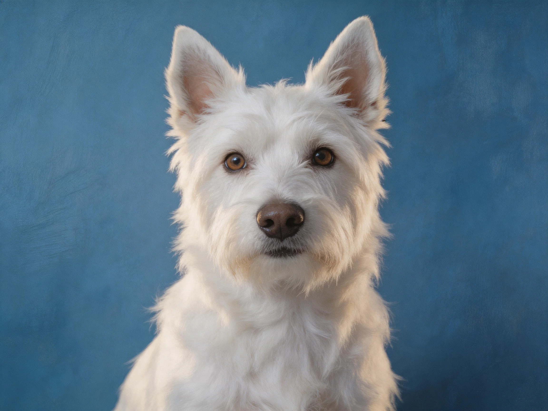White fluffy dog with pointed ears on blue backdrop