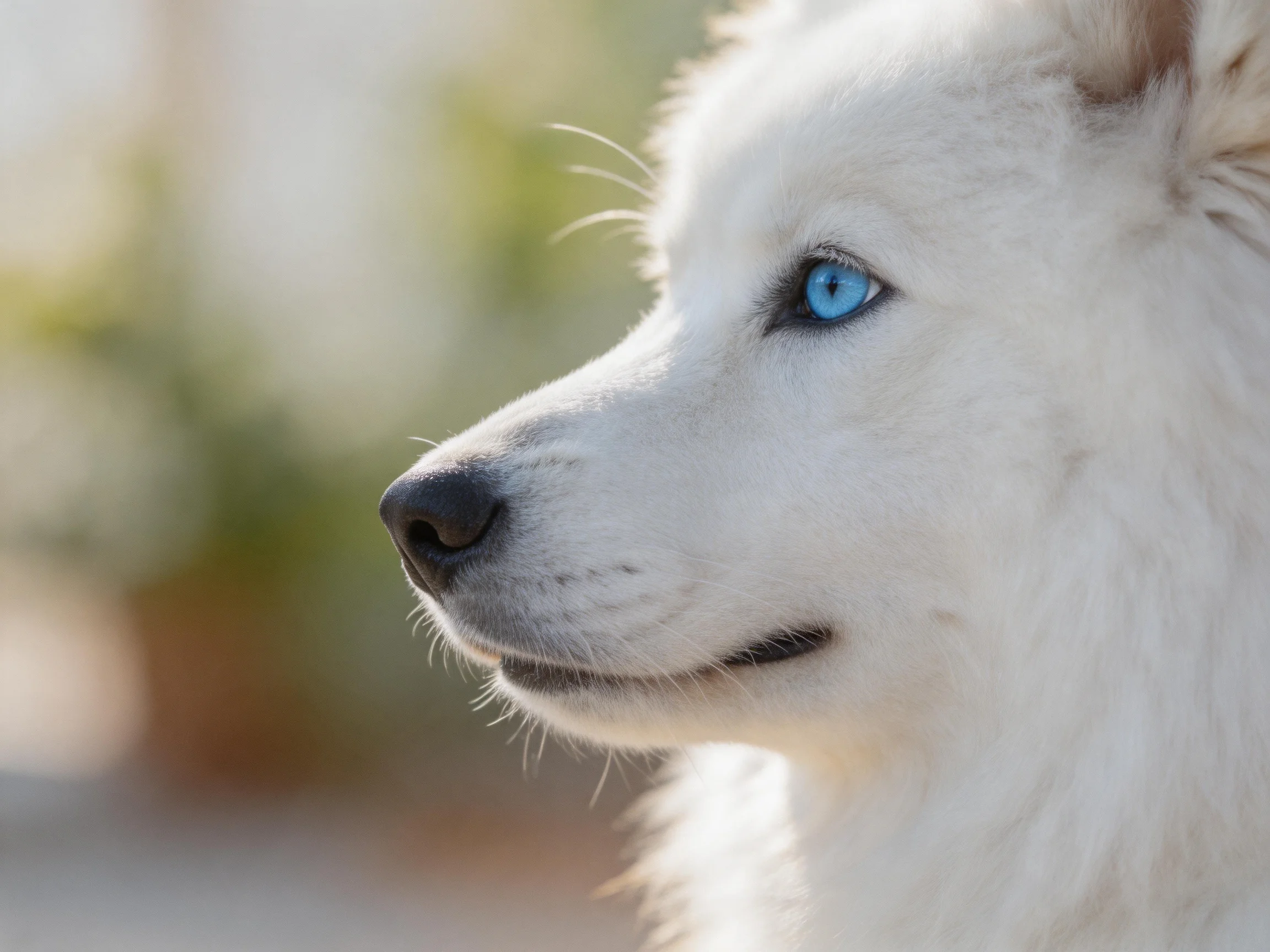 A white dog with bright blue eyes gazes attentively outdoors.