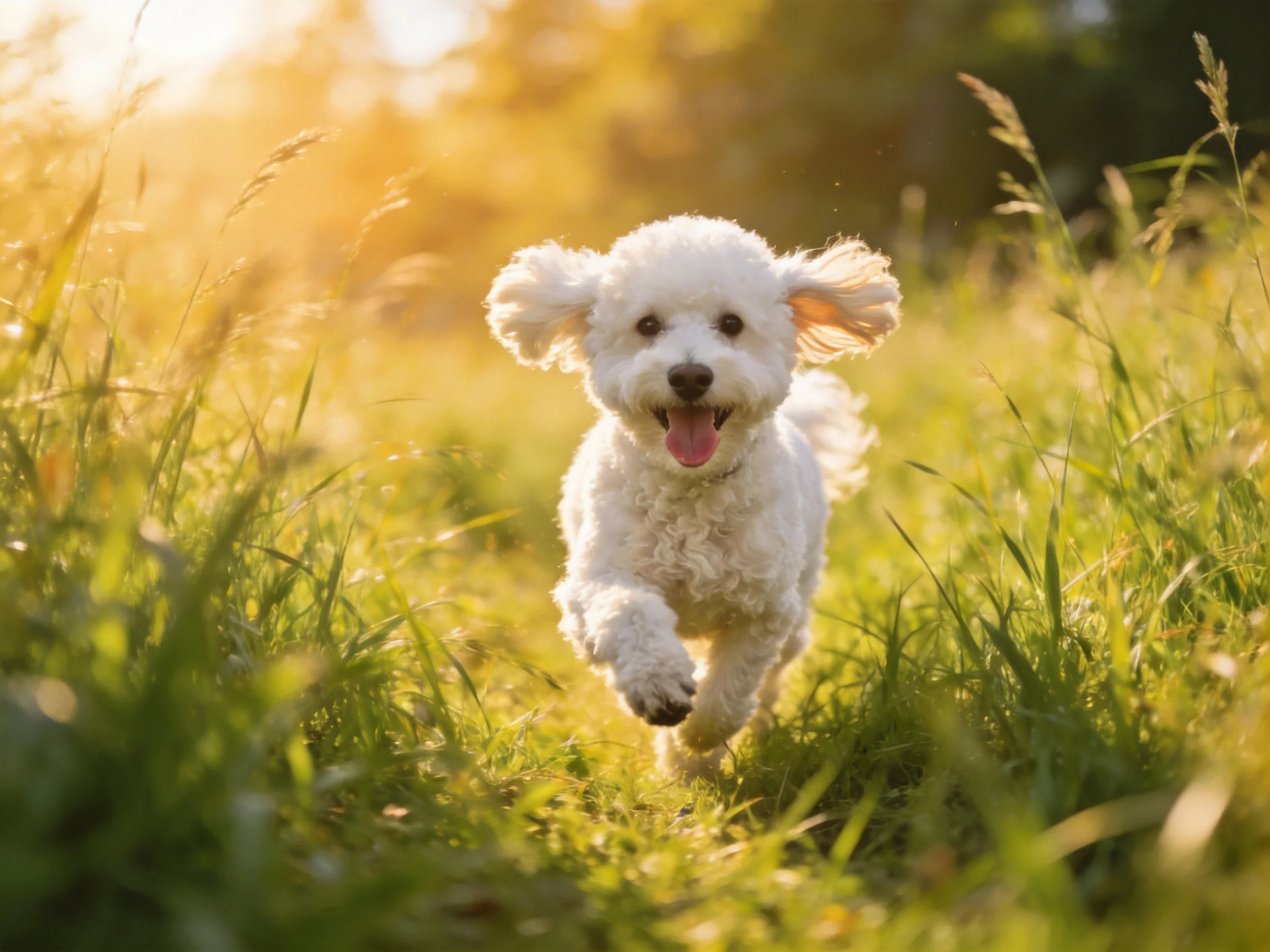 White puppy joyfully running through tall green grass in golden sunlight