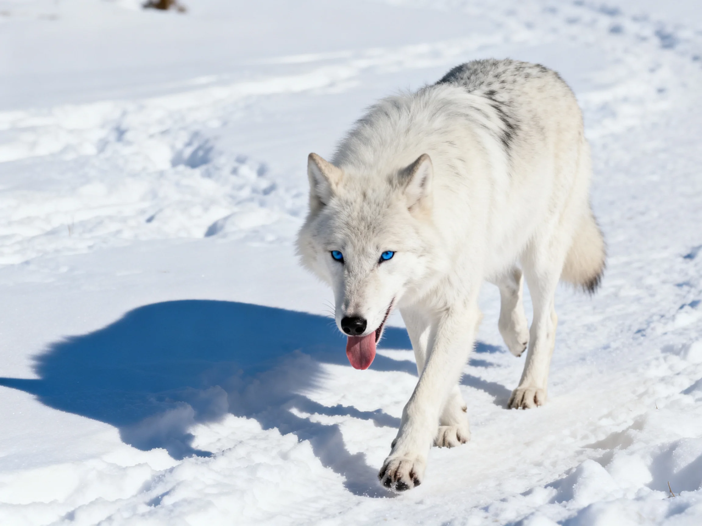 A white wolf with blue eyes walks on snowy terrain.