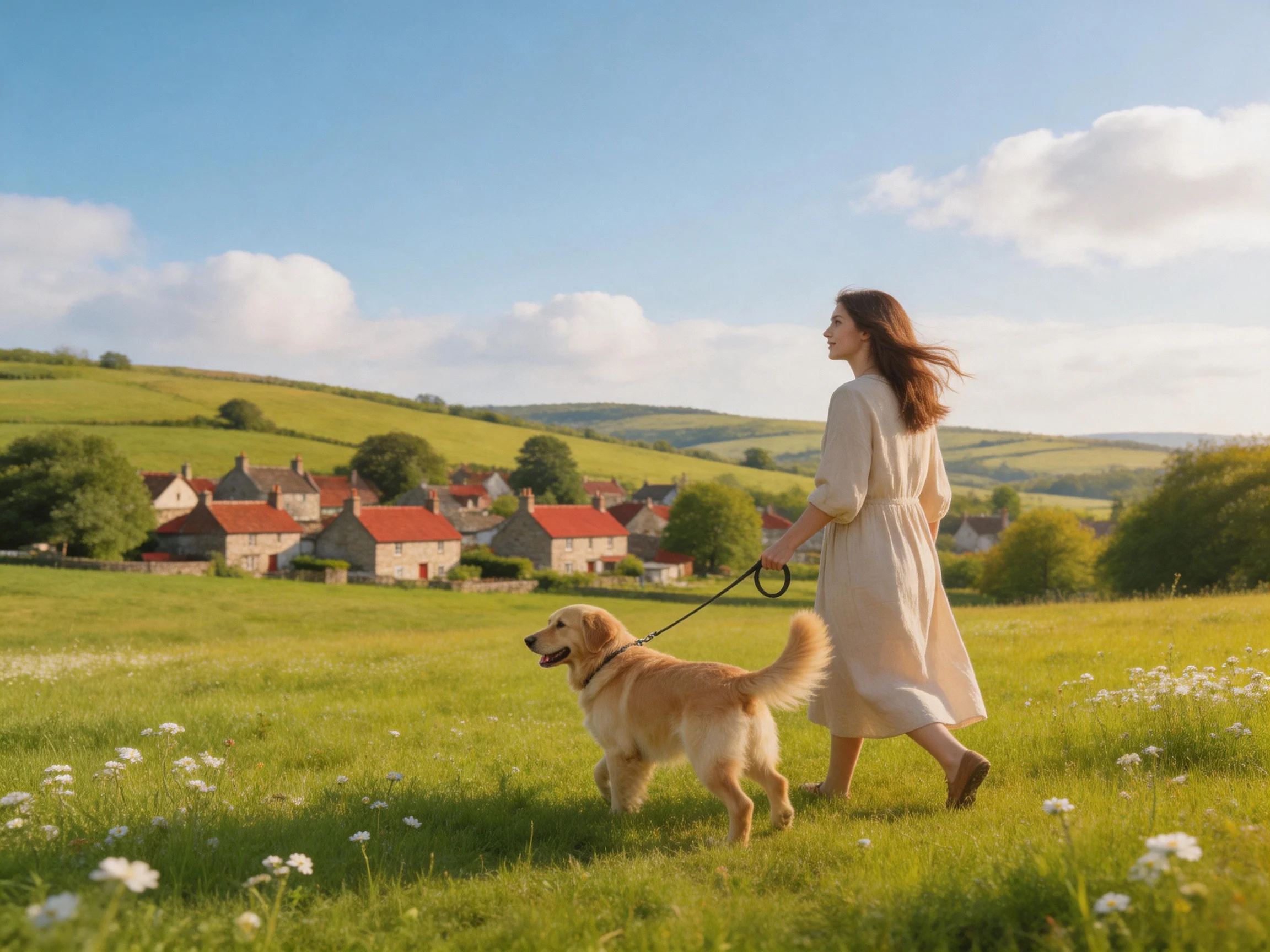 Woman in a cream dress walks a golden retriever near red-roofed cottages
