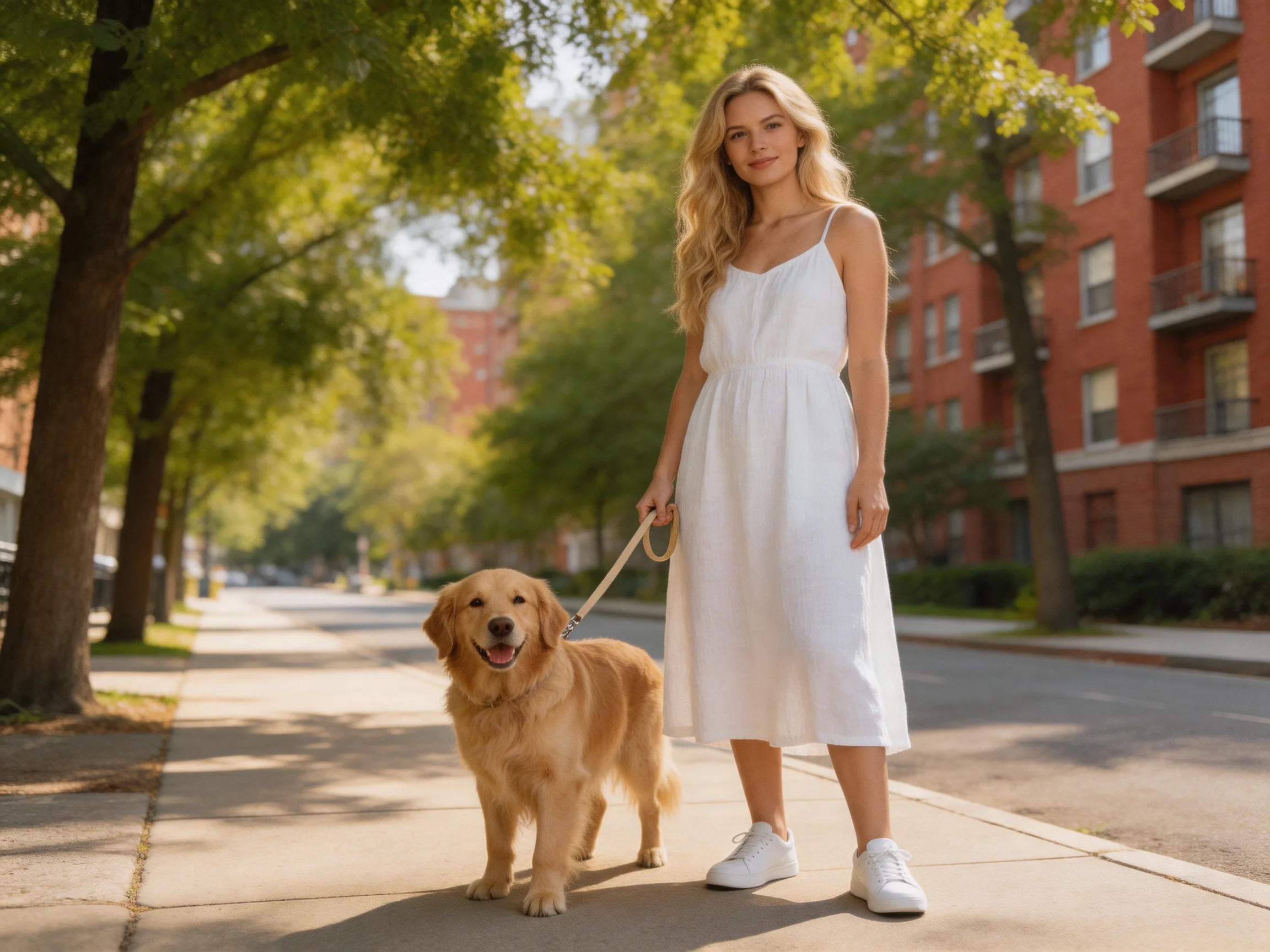 A woman in a white dress walks her golden retriever on a sunny city sidewalk.