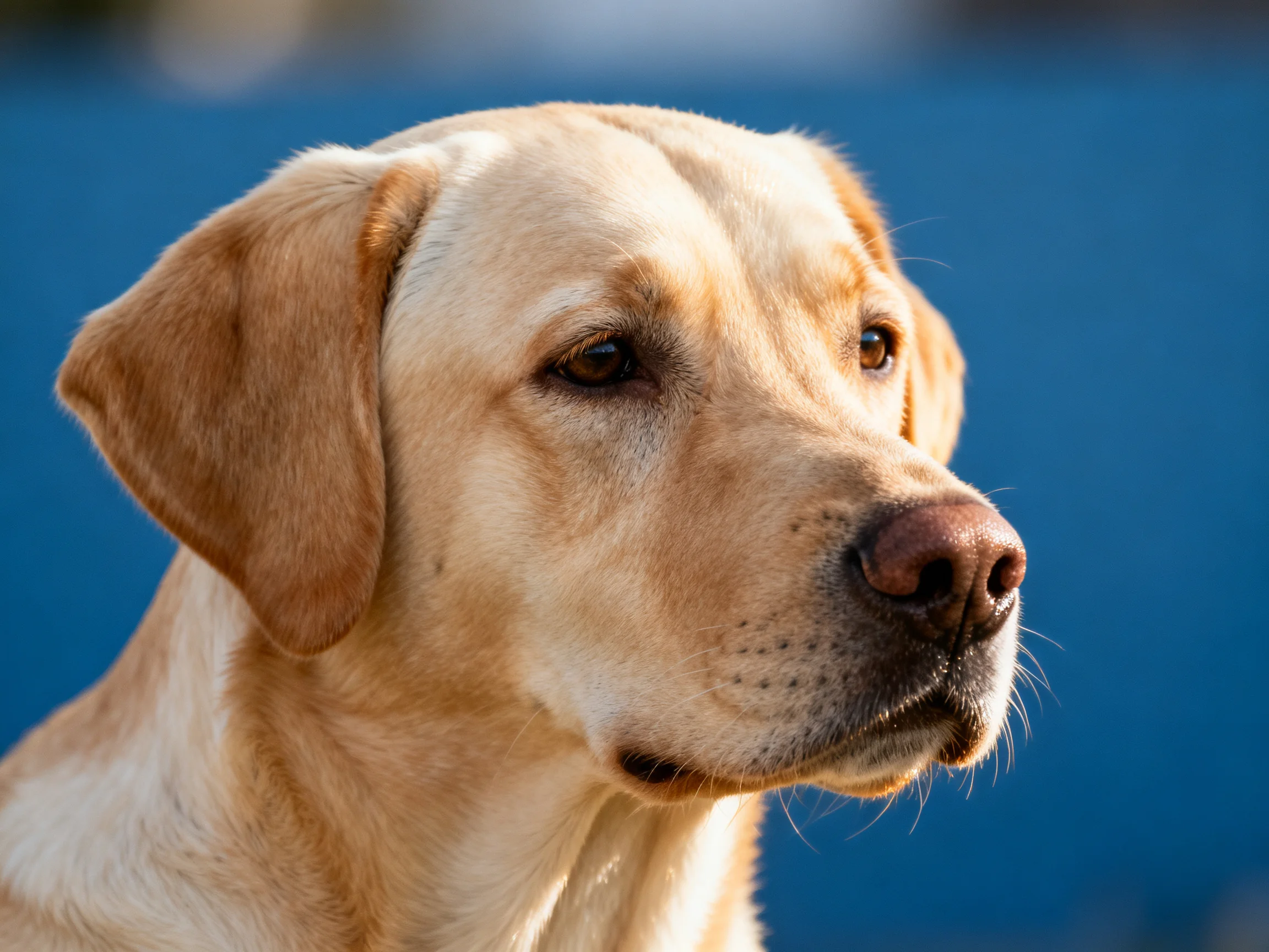 A yellow Labradors profile is shown against a blue background.