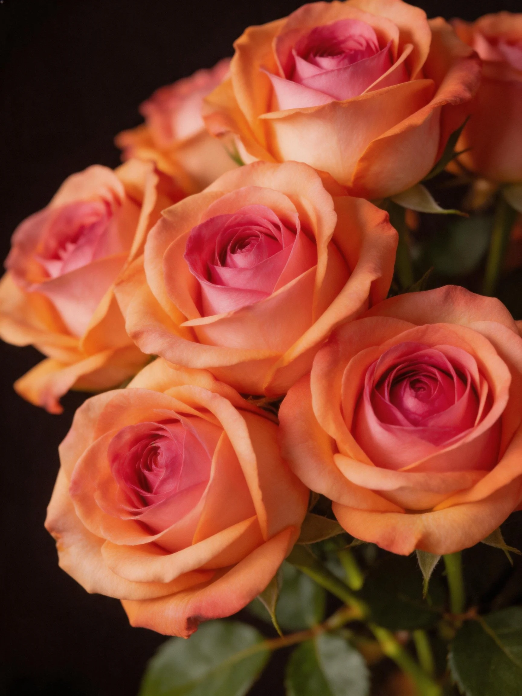 A Bouquet of Orange-Pink Roses with Dark Background