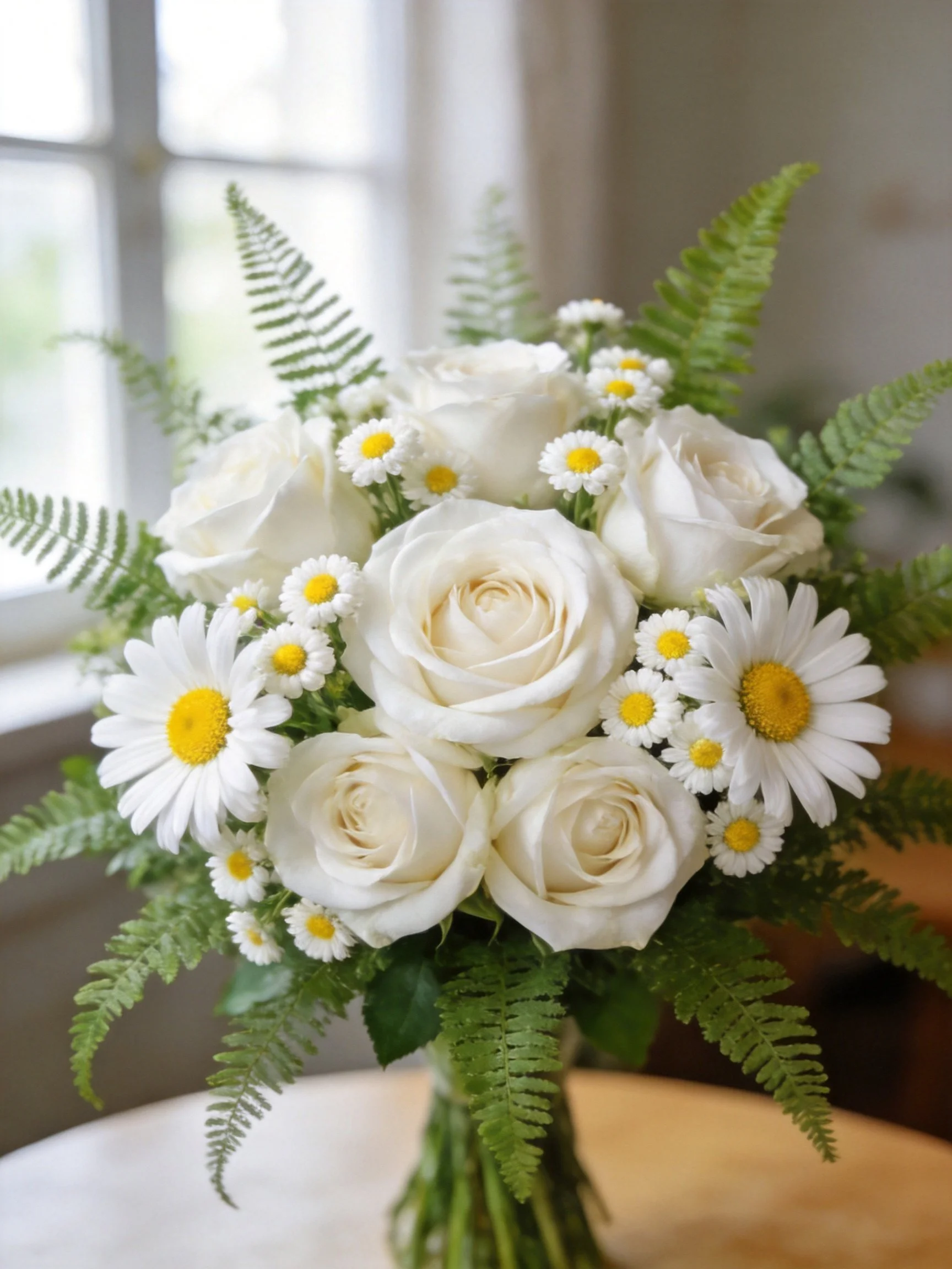 A Bouquet of White Roses, Daisies, and Ferns in Soft Lighting