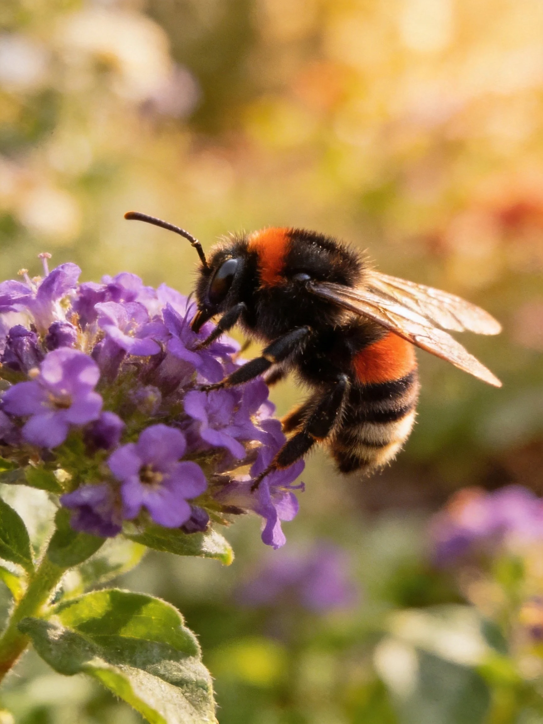A Bumblebee with Black and Orange Stripes Pollinating Vibrant Purple Flowers