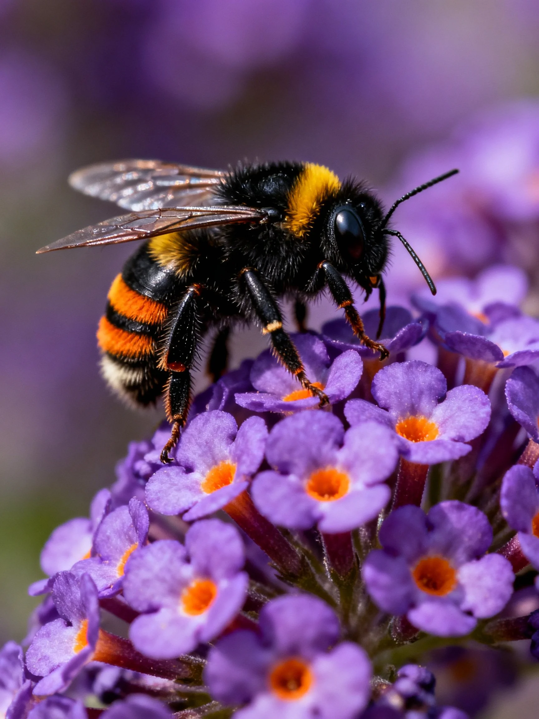 A Bumblebee with Black and Yellow Stripes Pollinating Purple Flowers