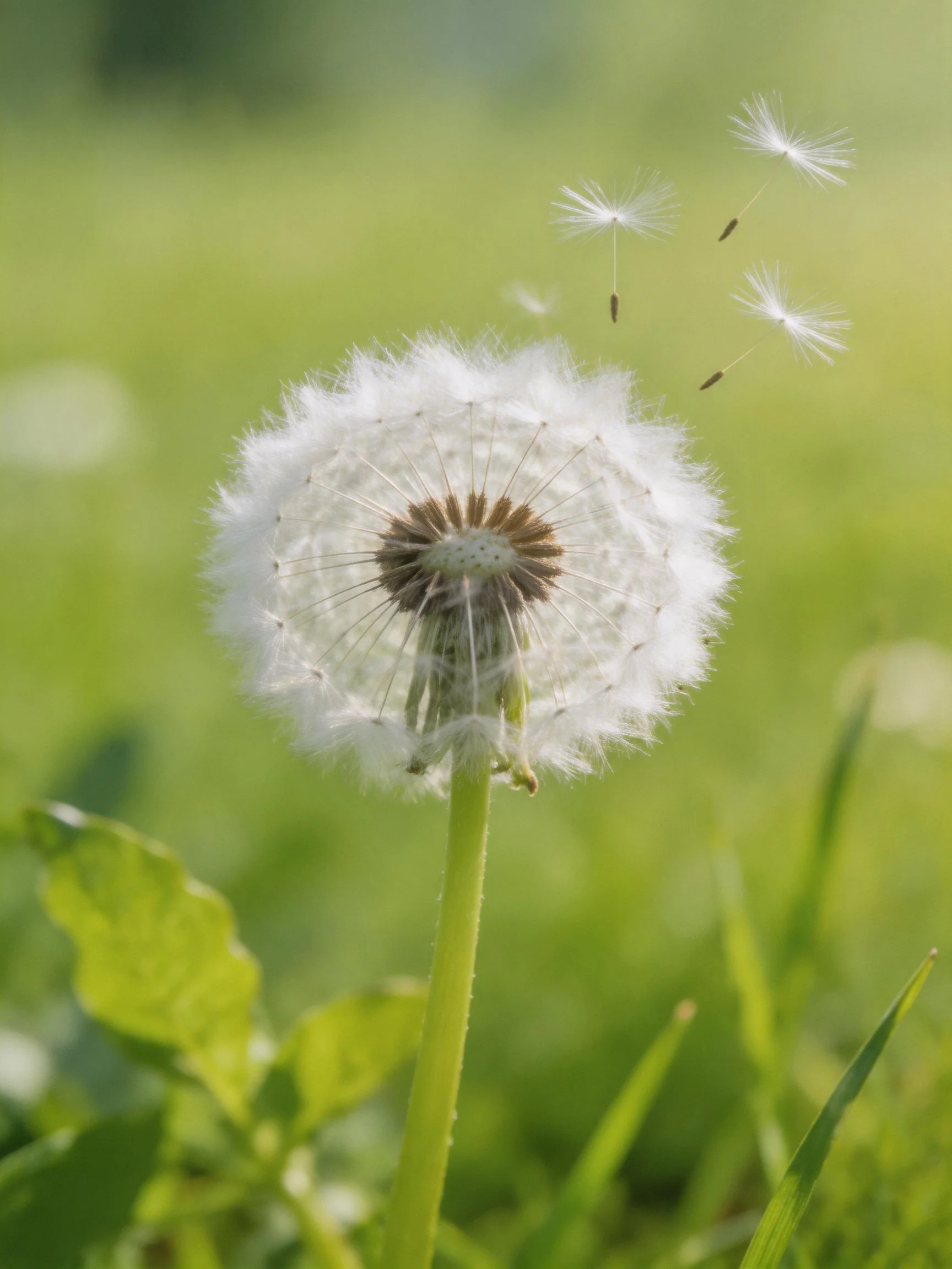 A Dandelion Seed Head with Floating Seeds in a Green Field
