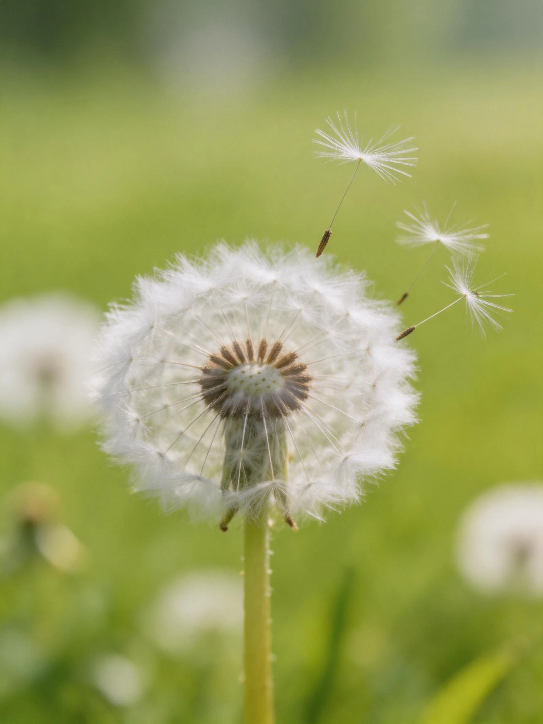 A Dandelion Seed Head with Floating Seeds in a Green Field