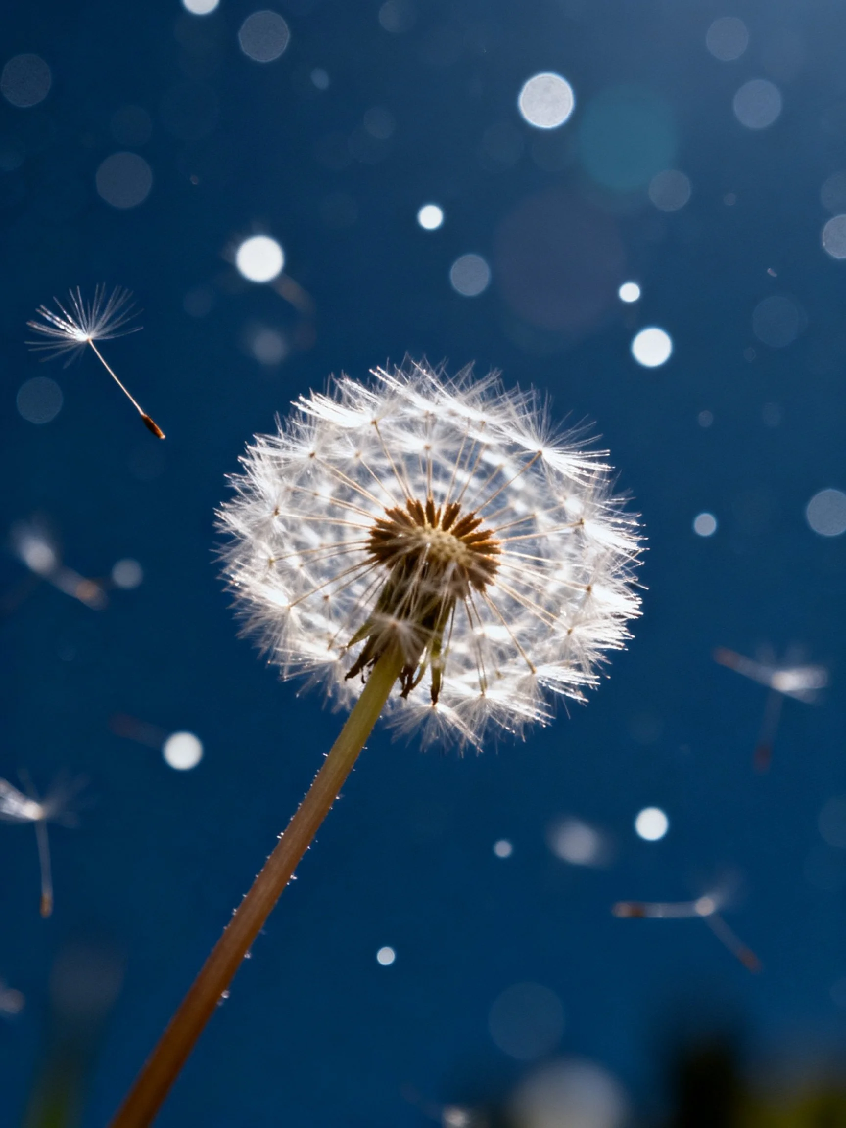 A Dandelion Seed Head with Floating Seeds on Deep Blue Bokeh Background