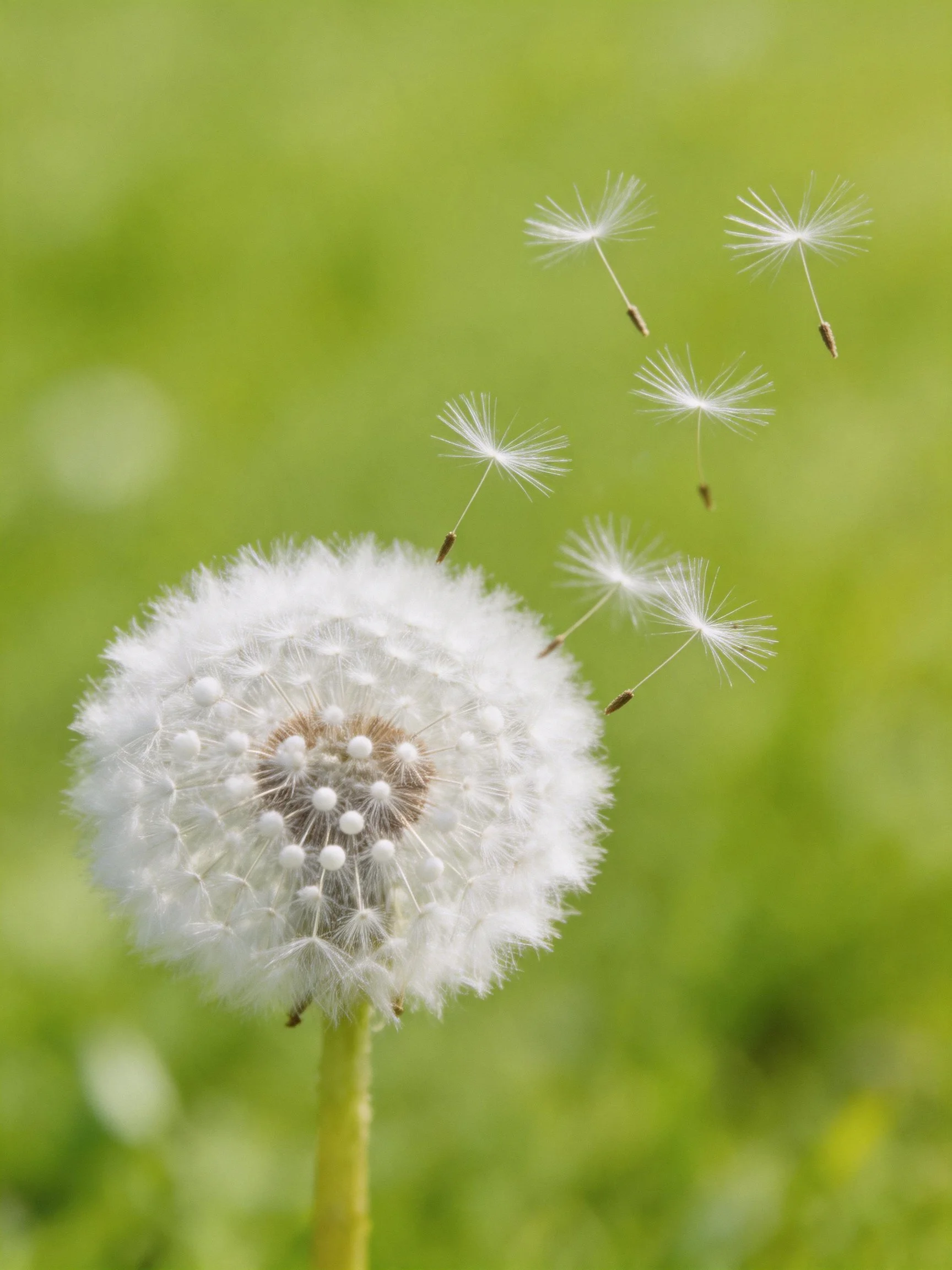 A Dandelion With Fluffy White Seeds Dispersing Into Green Air