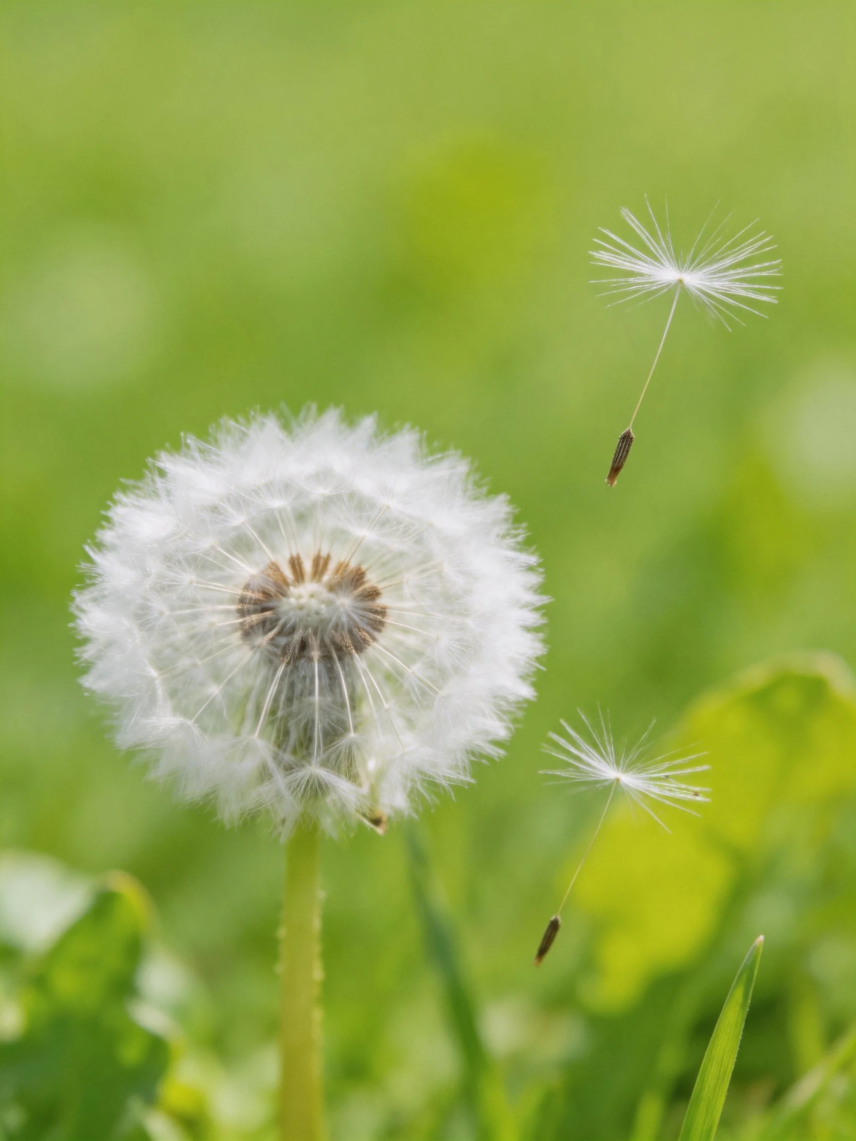 A Dandelion with Seeds Floating in a Verdant Scene