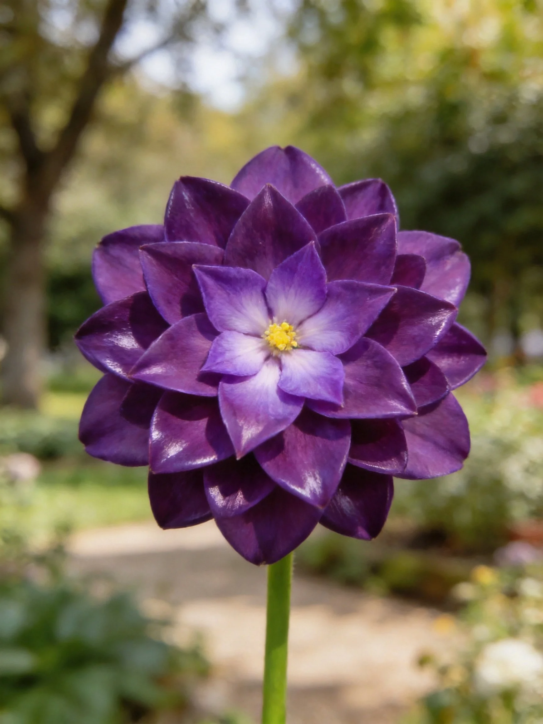 A Deep Purple Layered Flower with Yellow Center