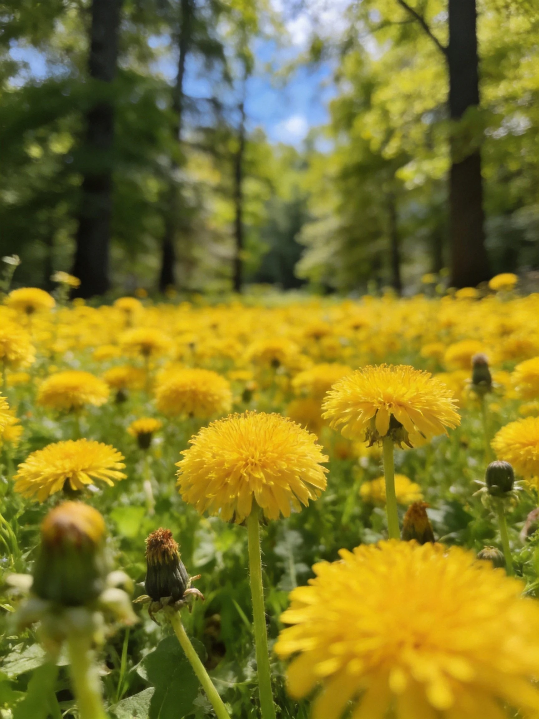 A Field of Bright Yellow Dandelions Near Tall Green Trees