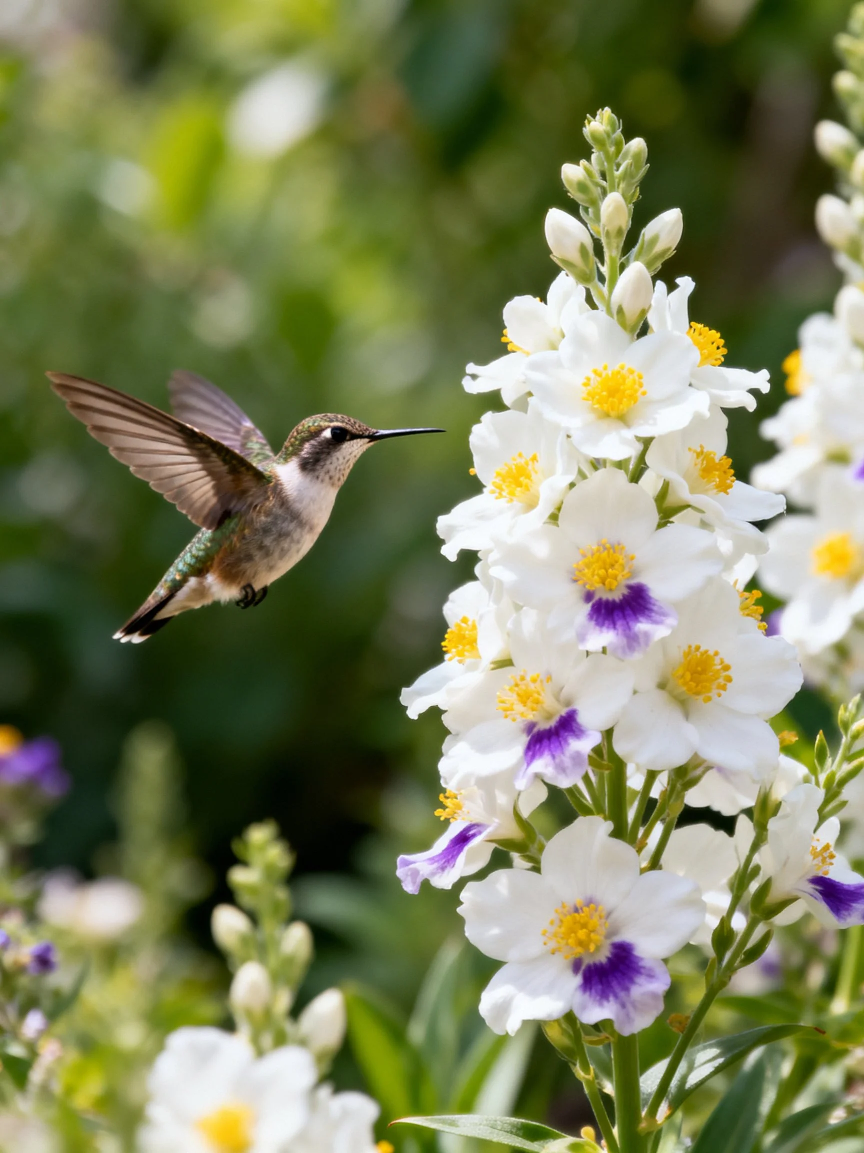 A Hummingbird Approaching White and Purple Flowering Plants