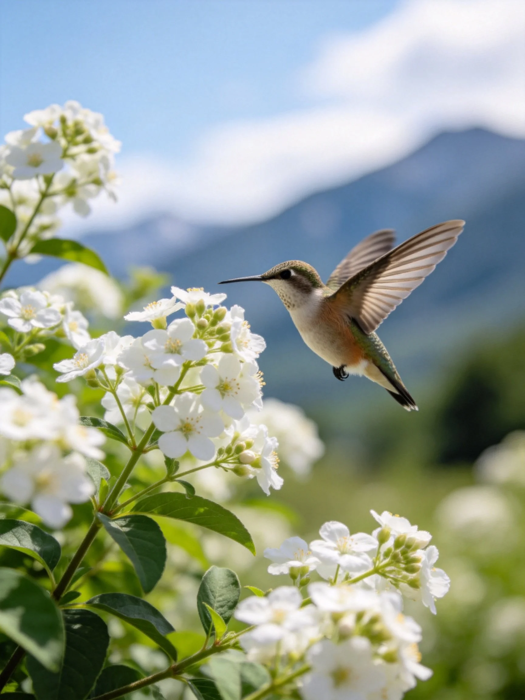 A Hummingbird Hovering Near White Flowers With Mountain Backdrop