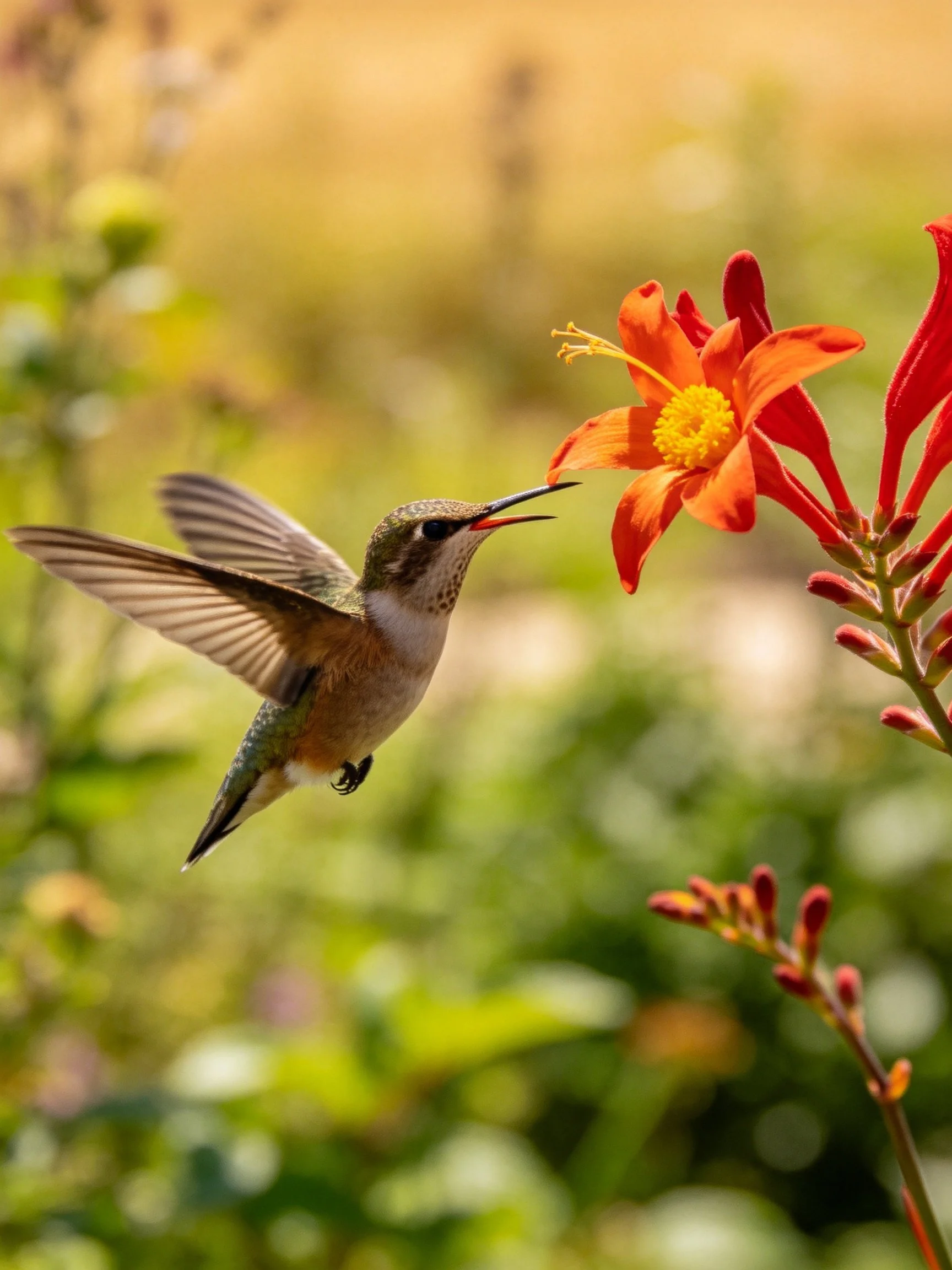 A Hummingbird Hovering Near a Vibrant Orange Flower