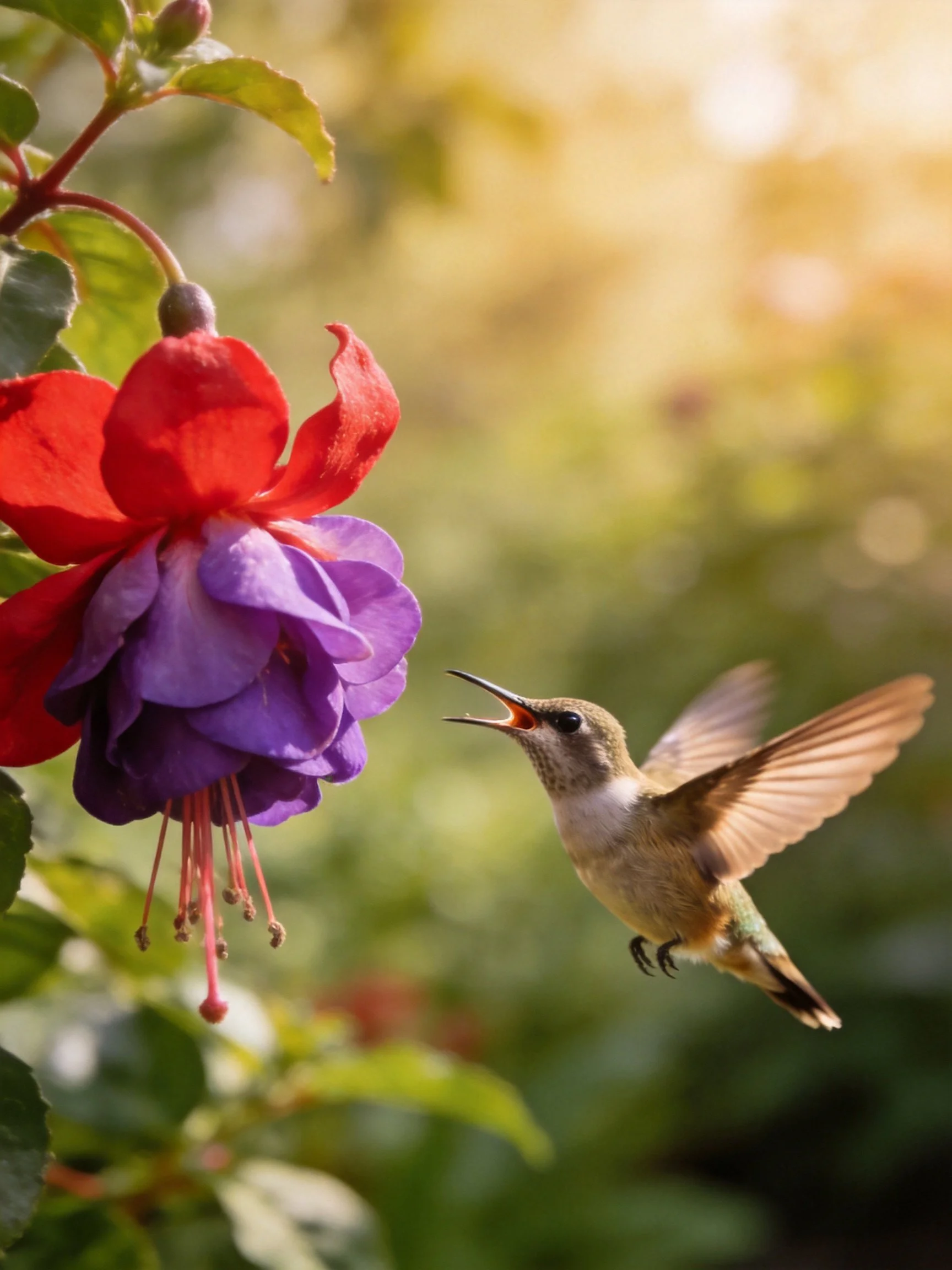 A Hummingbird Hovers Near a Vibrant Red-Purple Fuchsia Flower