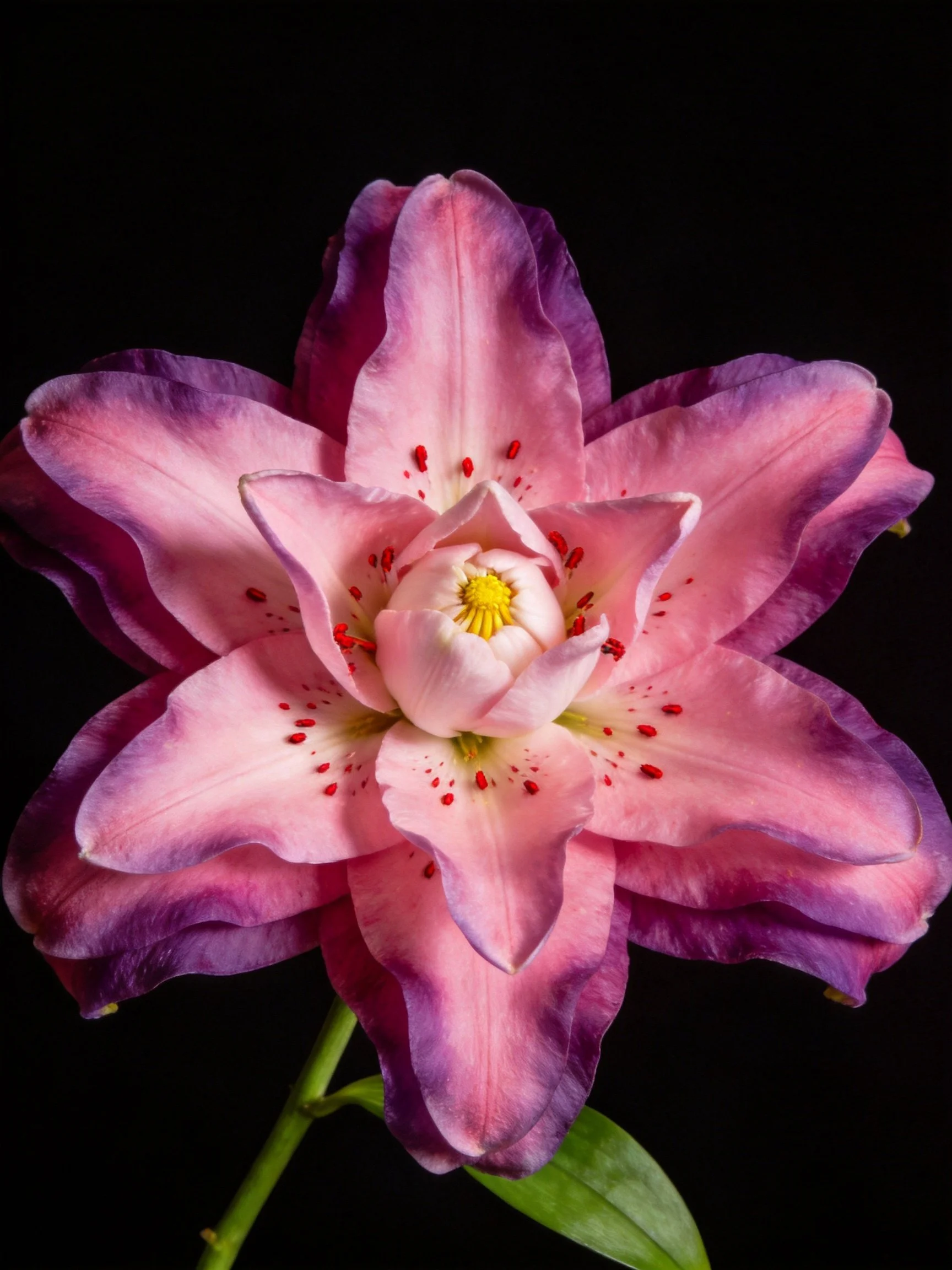 A Pink and Purple Lily with Red Speckles on Dark Background