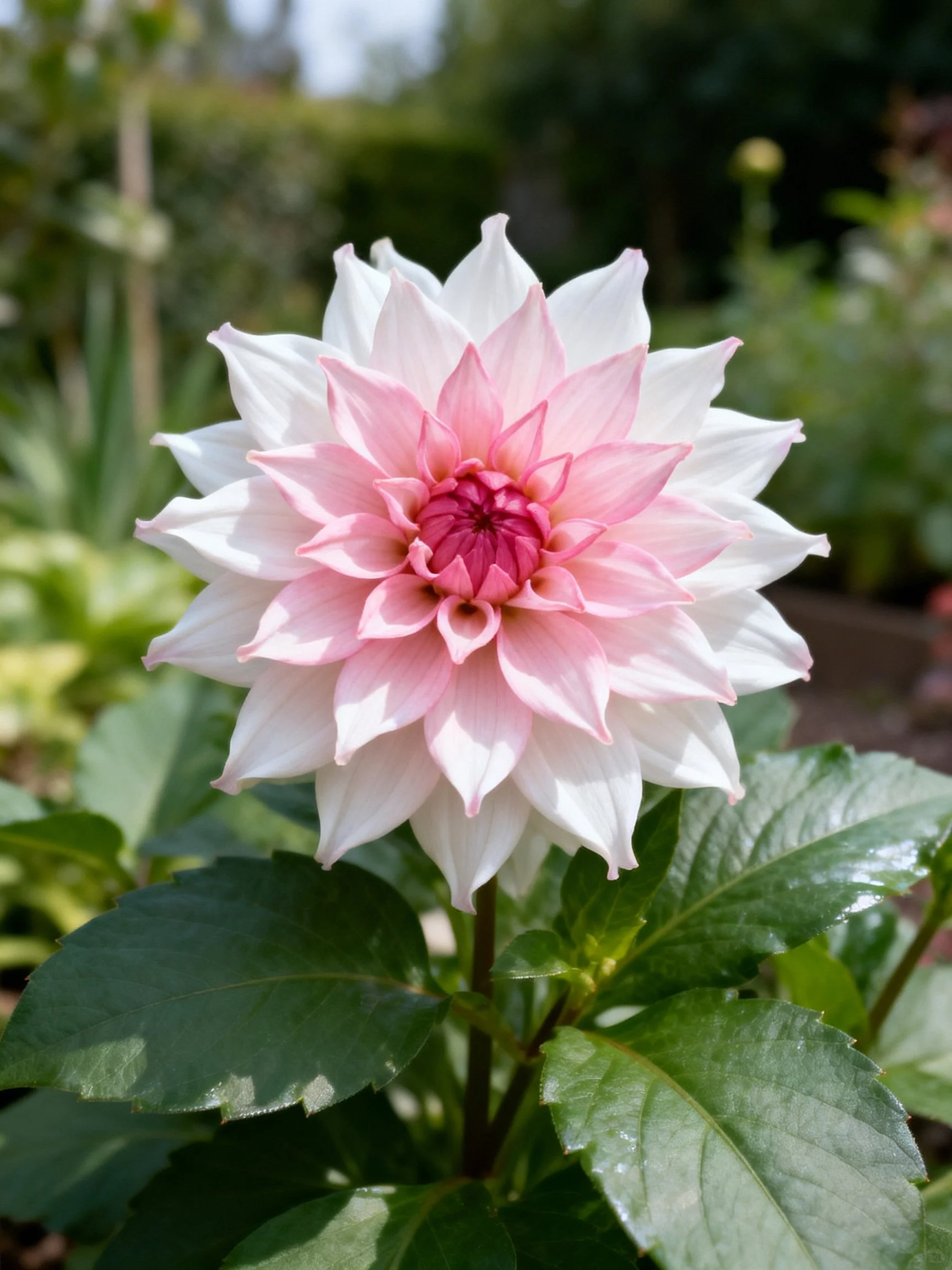 A Pink and White Dahlia Blooming Among Green Foliage