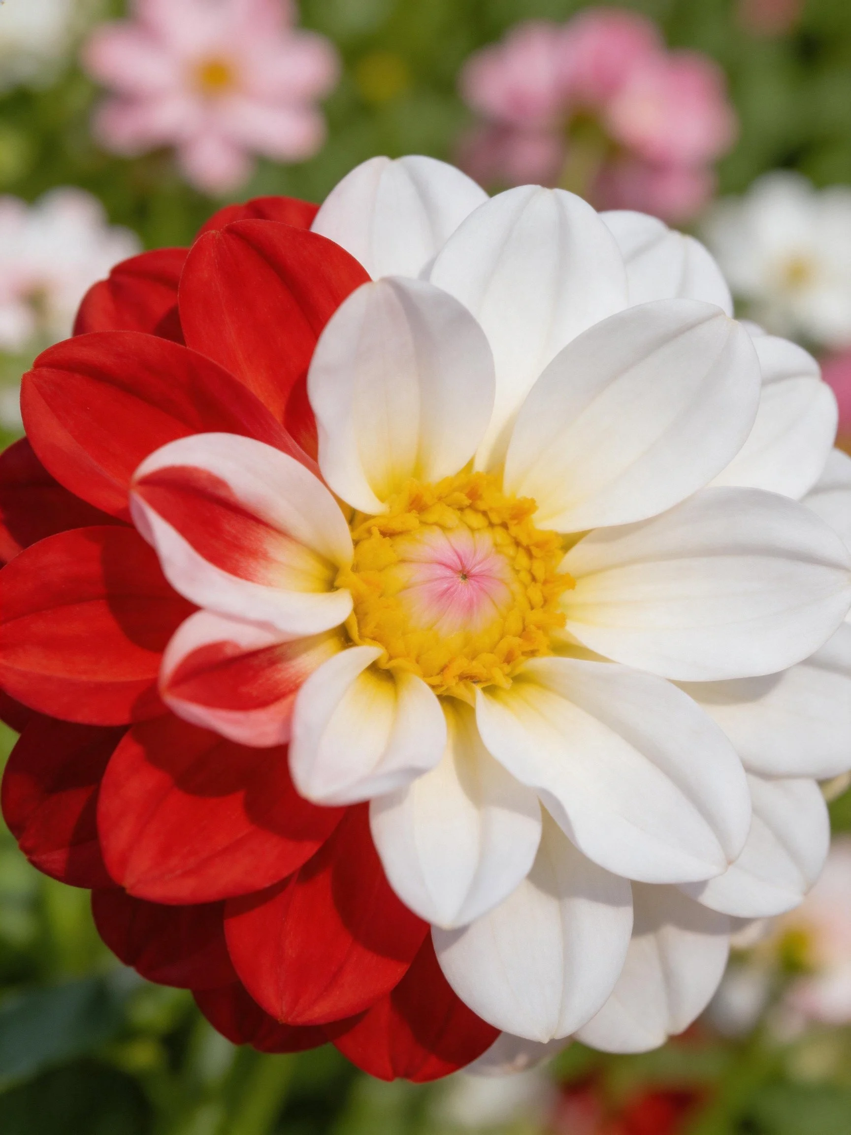 A Red and White Dahlia with Yellow Center